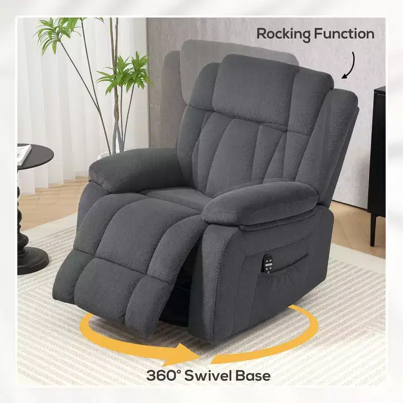 Massage Recliner Armchair with Heat, Swivel Rocker, Remote Control & Side Pockets, Gray