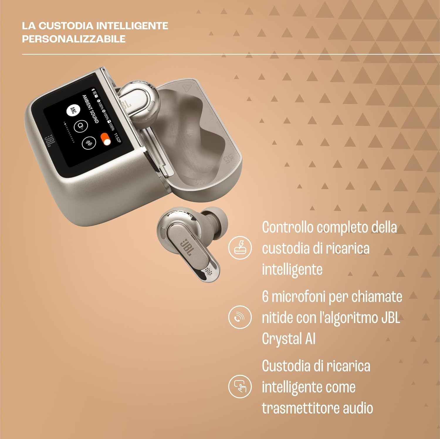 Tour Pro 3, Auricolari Bluetooth True Wireless con Custodia di Ricarica Intelligente, Autonomia 40 ore, Cancellazione Adattiva del Rumore e Suono Spatial 360 con Head Tracking, Caffellatte