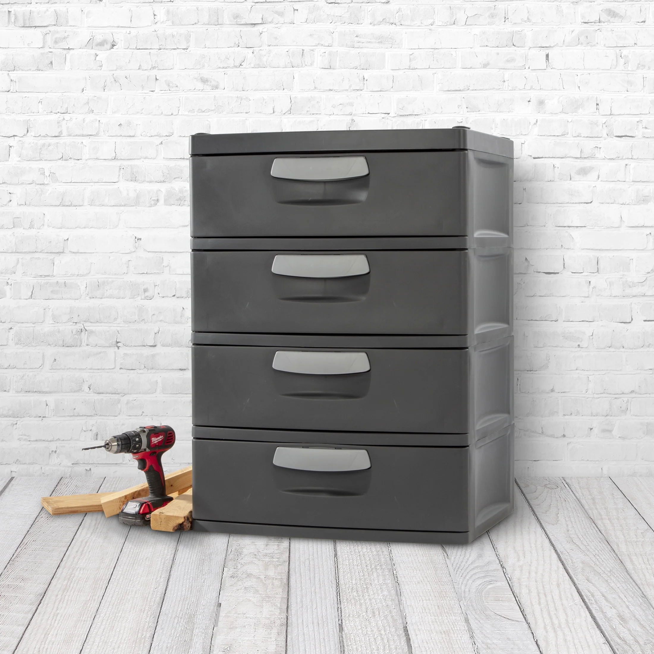 Sterilite 4 Drawer Unit, Durable Plastic Storage Solution for Garages and Basements, Dark Gray