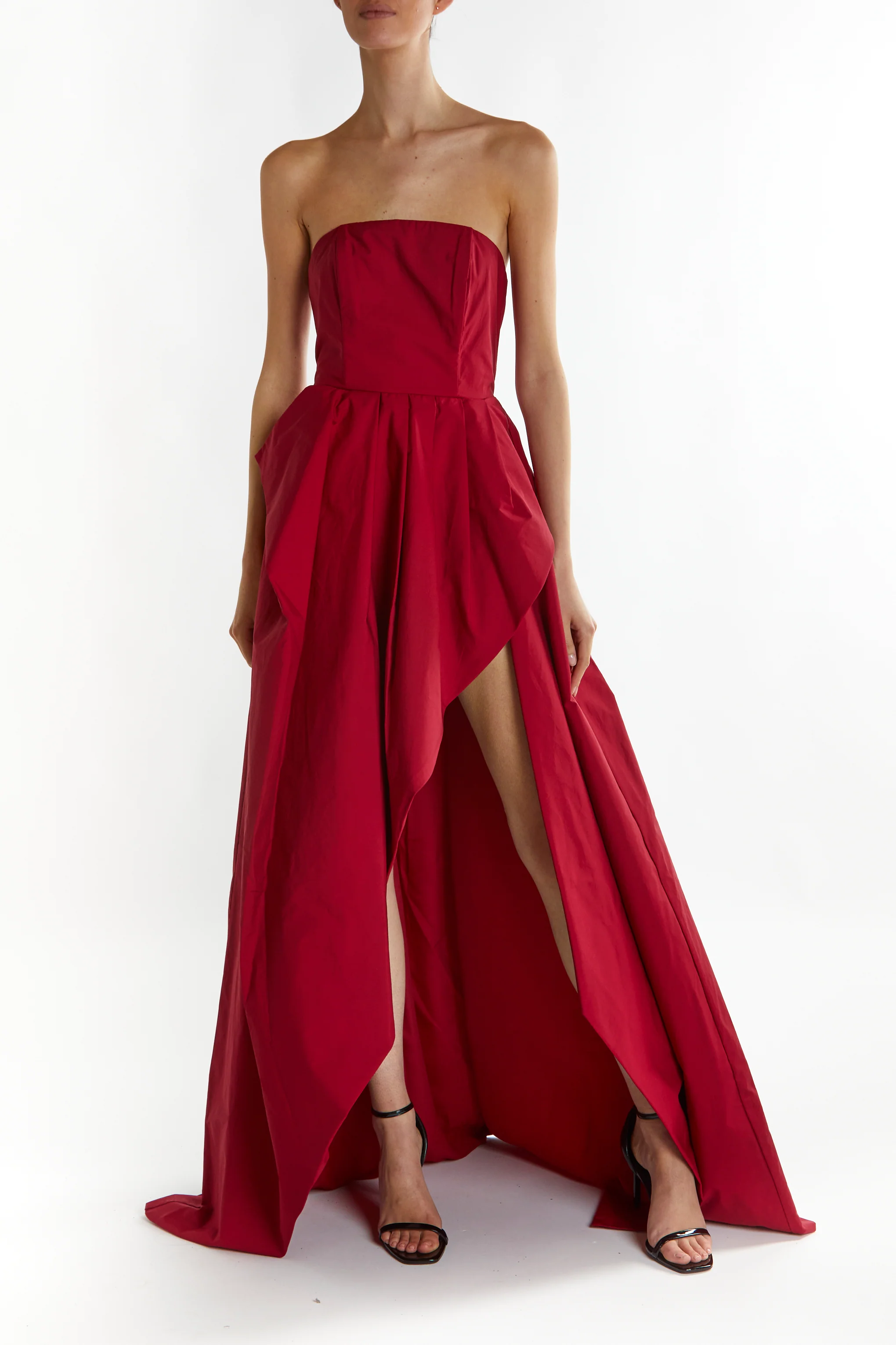 Emma Burgundy Bandeau Neck Hi-Low Hem Maxi Dress