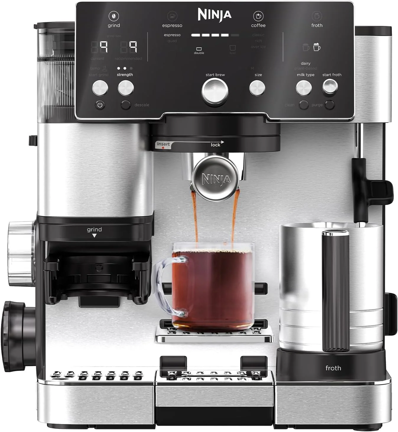 Ninja Luxe Essential 2-in-1-Kaffeemaschine mit Mahlwerk und Aufsch?umer f��r Latte, Cappuccino & Espresso, einfache Handhabung, 2 Voreinstellungen zum Aufsch?umen, Silber, ES501EU