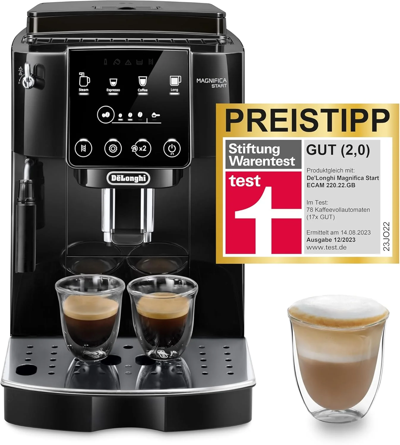 De'Longhi Magnifica Start ECAM222.20.B, volautomatisch koffiezetapparaat met melkopschuimmondstuk, voor cappuccino, met directe espressokeuzetoets en 2x espressostand, 13-traps conische molen, 1450 W, zwart