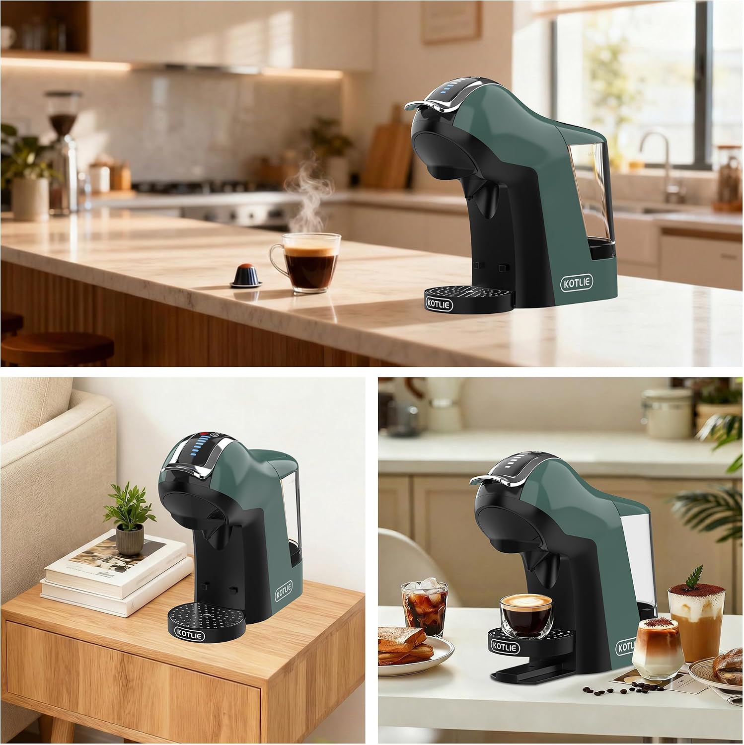 KOTLIE Macchina da caffè multifunzione compatibile con capsule e polvere, 3 tempi, 7 livelli di acqua, serbatoio acqua da 1 L (EM-308B)