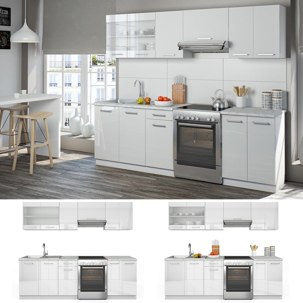 Vicco Cucina componibile Raul, Bianco, 240 cm, PL Marmo con striscia LED