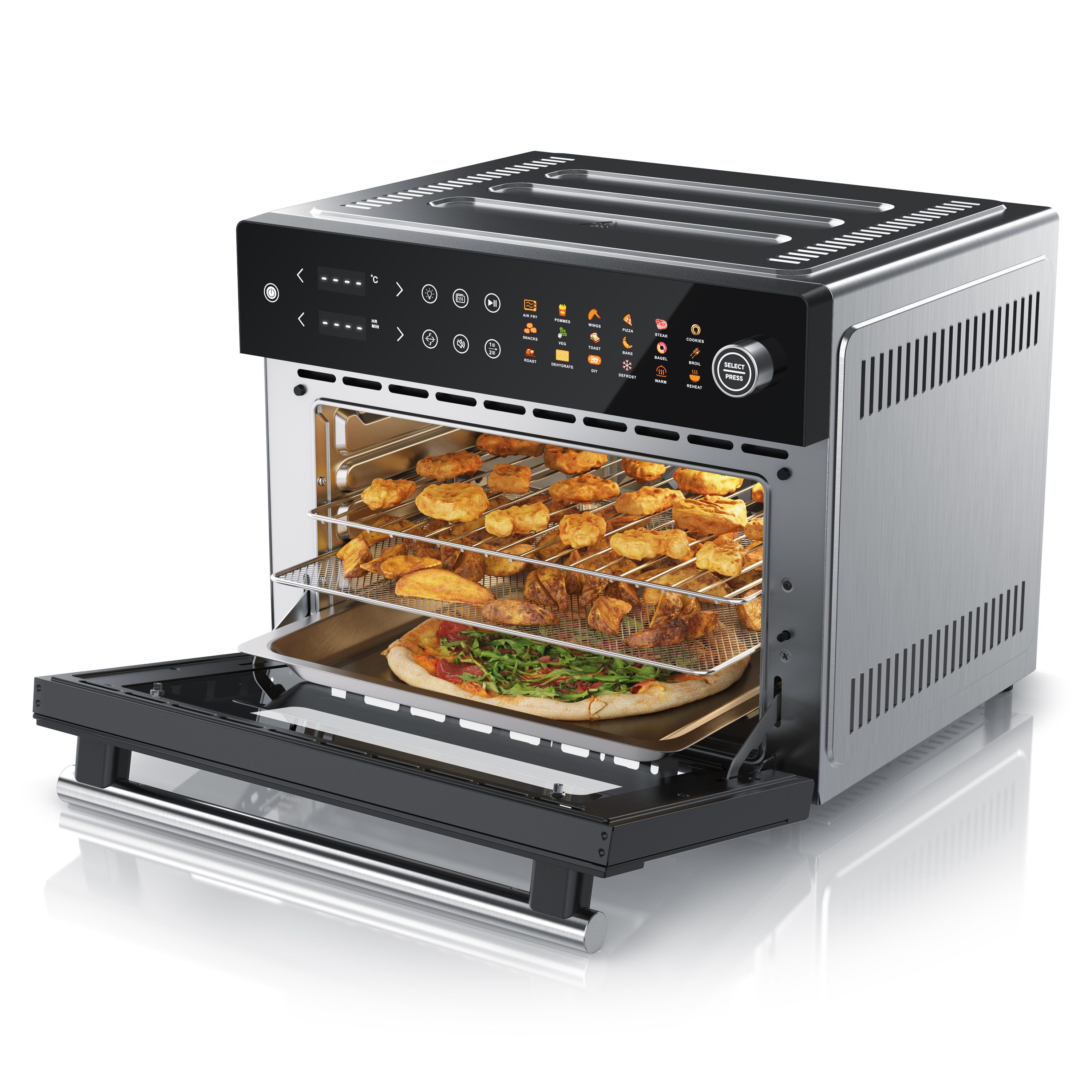 Minibackofen Airfryer 30L Edelstahl Multifunktionsofen, XXL Heißluftfritteuse 1800W