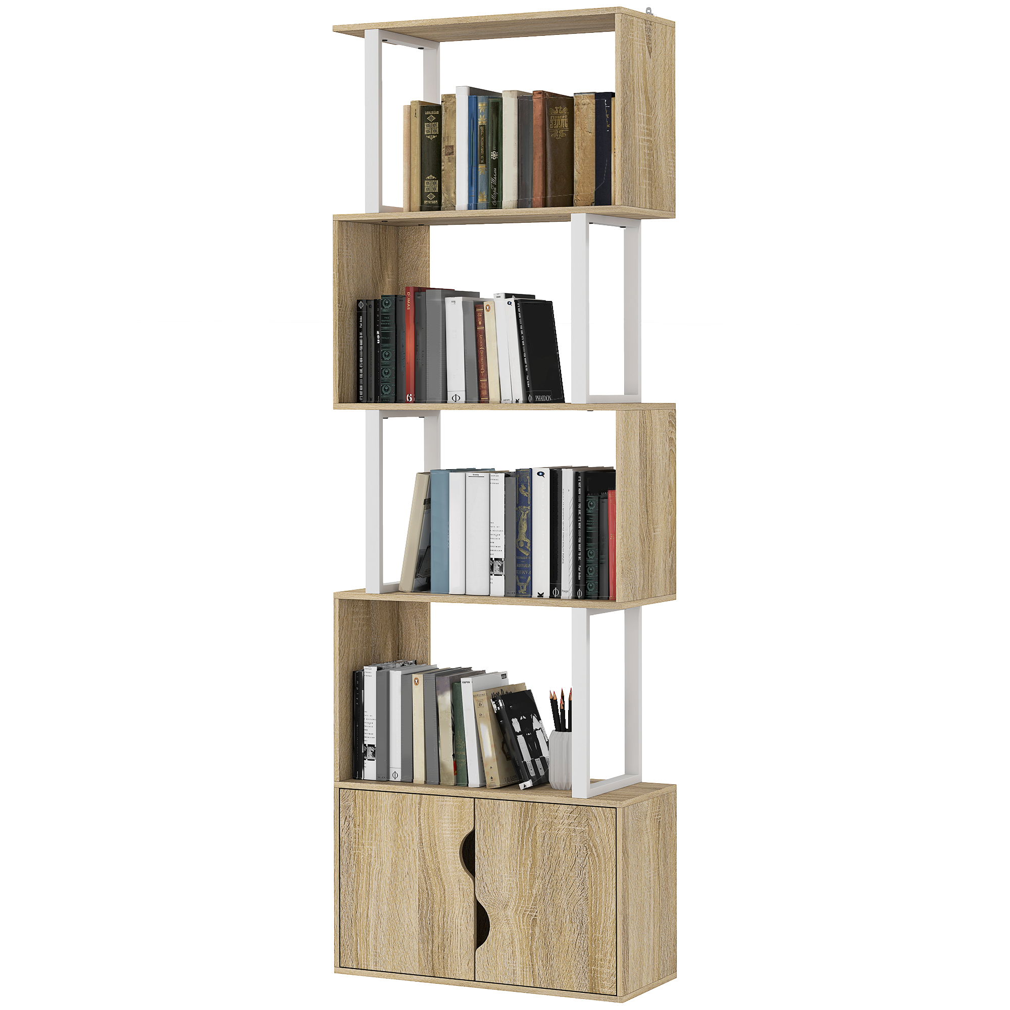 HOMCOM Bücherregal mit 5 Ebenen, Aufbewahrungsregal mit Regalen und doppelter Schranktür, 60 x 23,8 x 179,2 cm, Naturholz