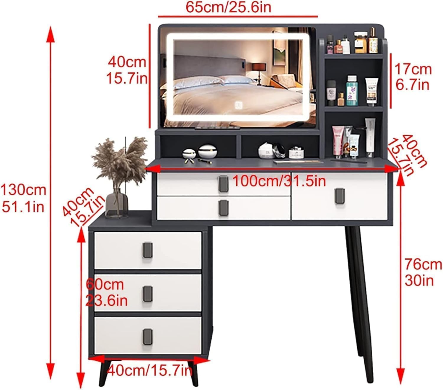 Moderno set da toeletta con luci LED, tavolo da toeletta da 101,3 cm, 6 cassetti e 5 ripiani, sgabello e sedia elegante finitura grigia per camera da letto nization