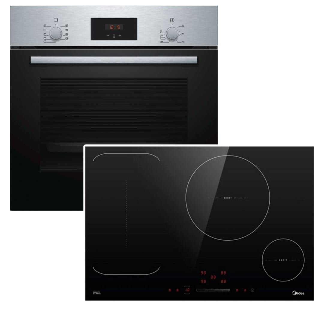Backofen-Set Edelstahl Teleskopauszug + Midea Flex-Induktionskochfeld Booster 77cm