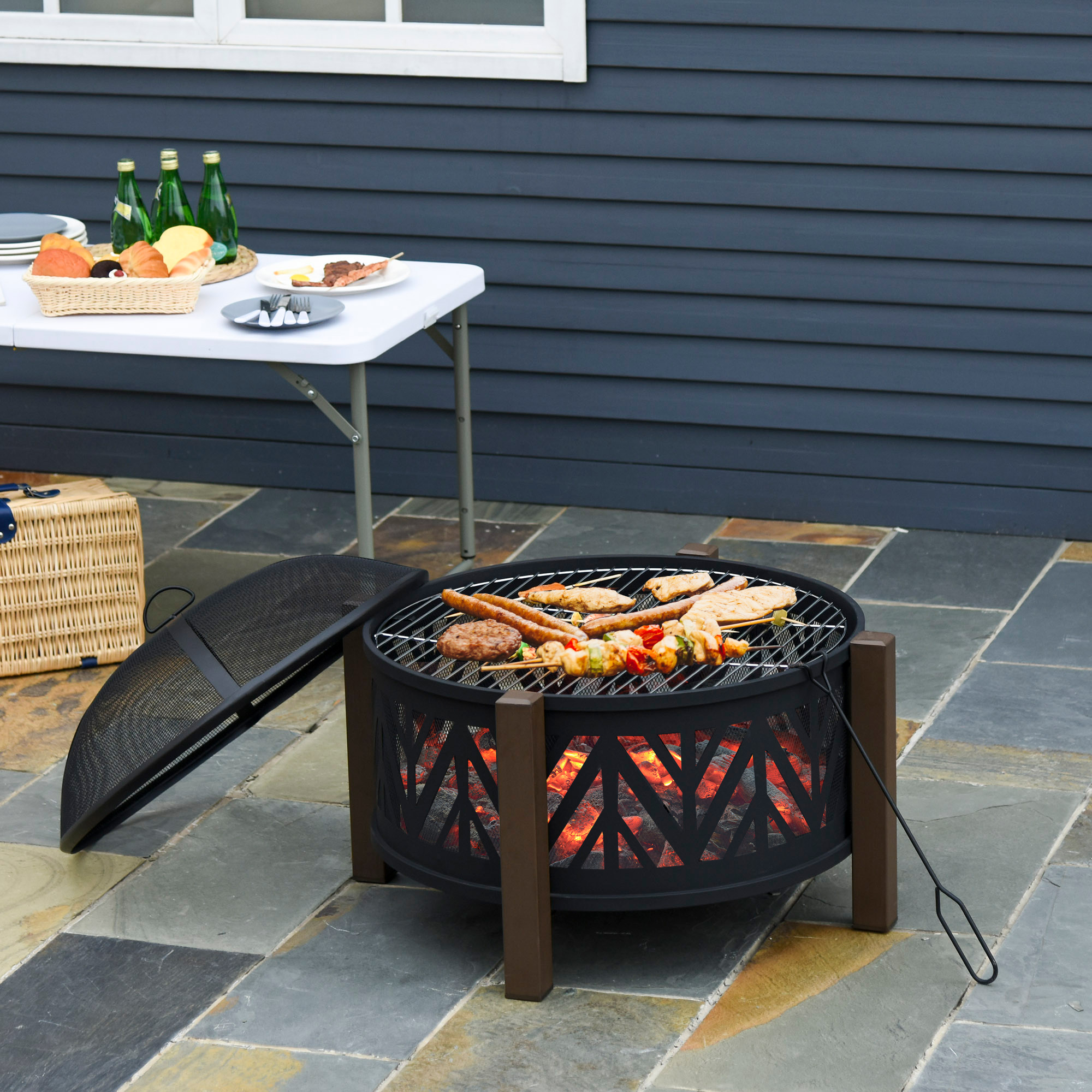 Outsunny 2-in-1 Feuerschale Feuerkorb Feuerstelle mit Funkenschutz Grillrost Garten BBQ Schwarz+Braun Ф78 x 60H cm