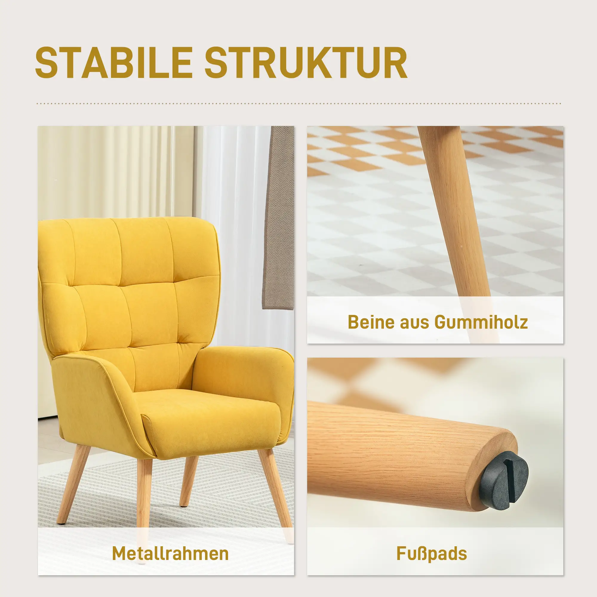 HOMCOM Polsterstuhl Loungesessel luxuriöser Komfort Steppung Samt Gelb