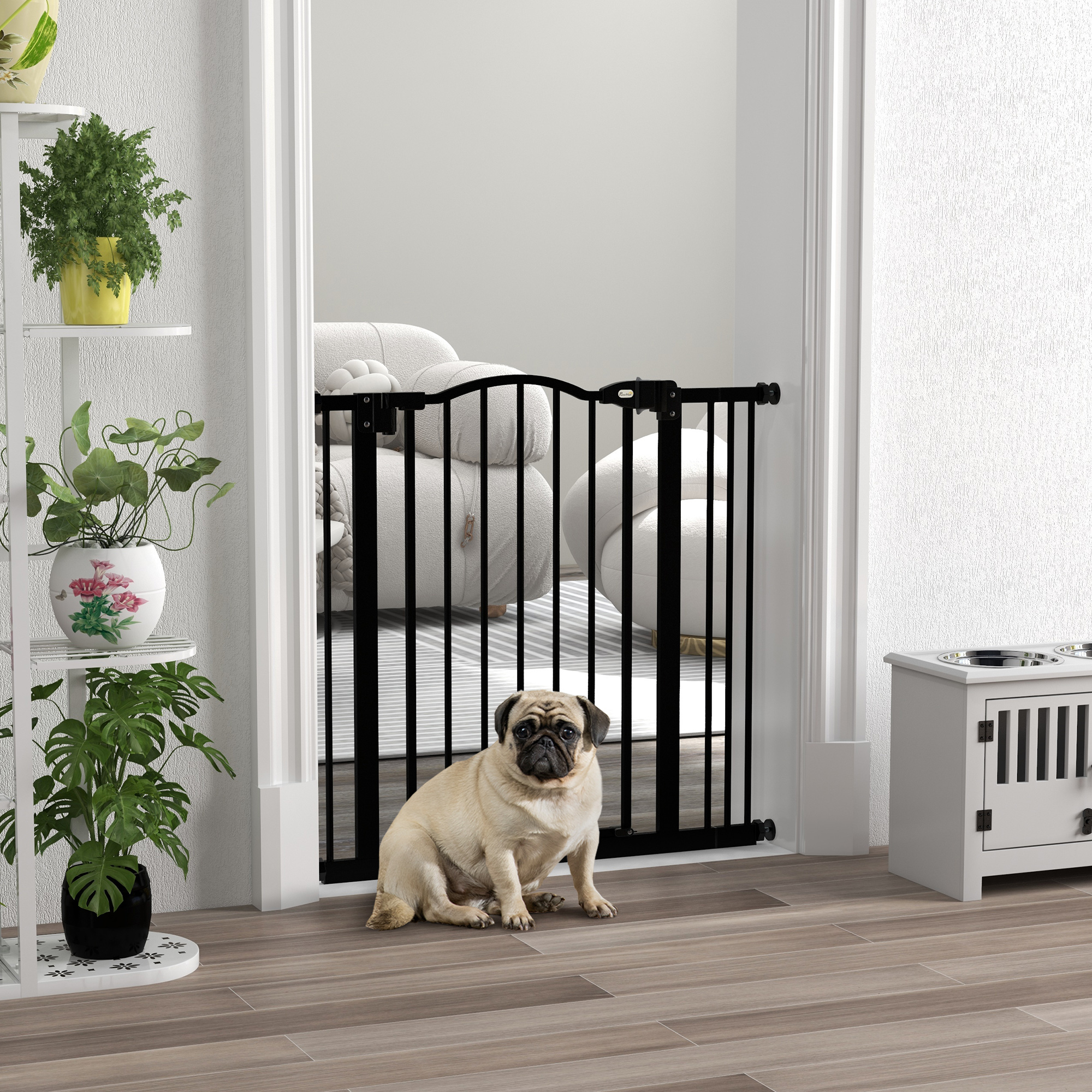PawHut Erweiterbares Hundegitter mit 2 Schlössern und automatischer Schließung, aus Metall und Kunststoff, 74-87x78 cm, Schwarz