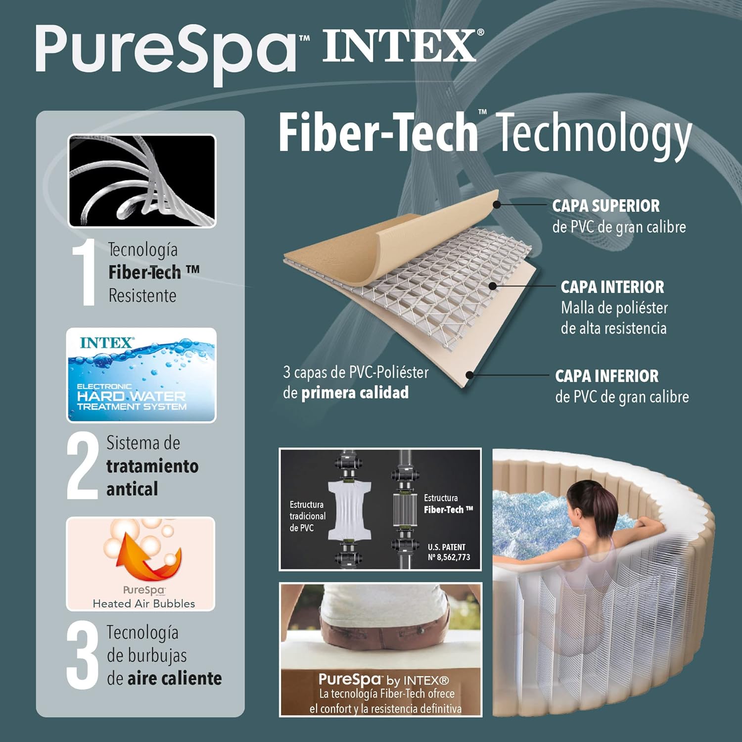 Intex 28428EX - PureSpa Vasca Idromassaggio Gonfiabile Bubble Massage, 6 posti, 140 Getti, Riscaldatore, PVC, Beige, 216x71 cm