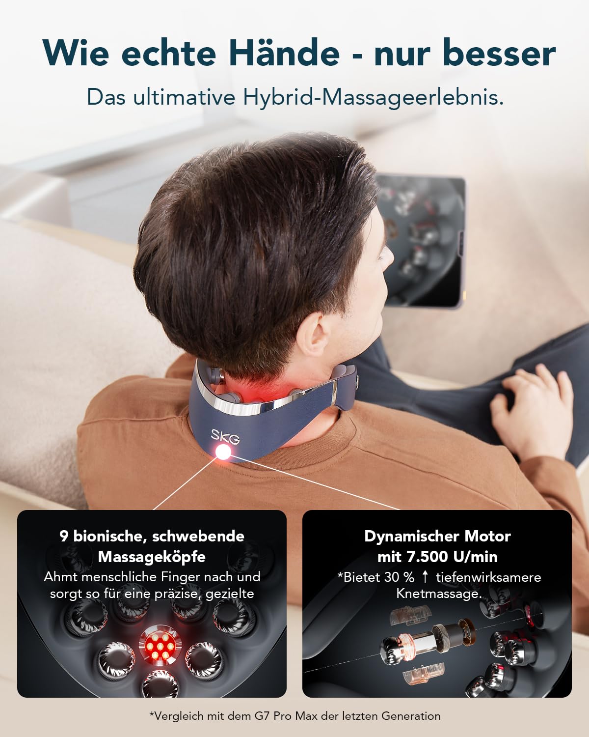Faltbares Nackenmassagegerät G7 Pro Fold mit Wärme, 9 Vibrationsköpfe, kabellos, 2400-mAh-Akku, grau
