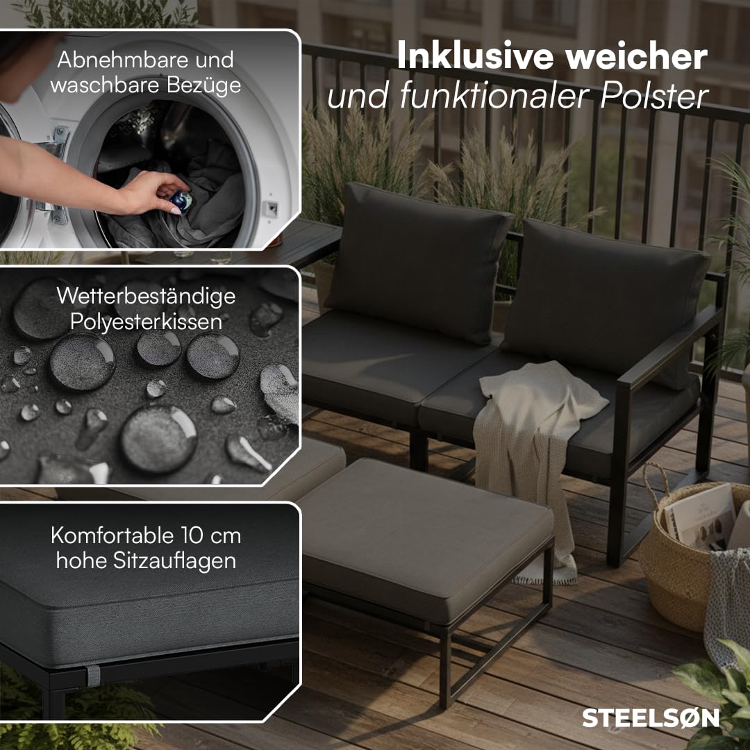 STEELSØN Asteri Gartenmöbel 5er Set für 2 bis 4 Personen in Schwarz und Anthrazit für Terrasse und Garten
