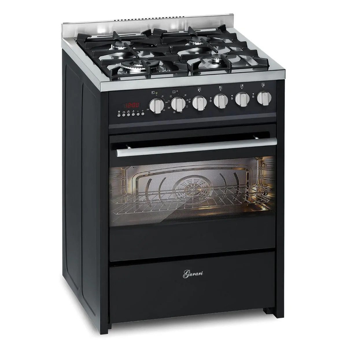 Gas-Standherd 60 cm Schwarze Gasherd mit Elektrobackofen 60 L Range Coocker+Dunstabzugshaube 60 cm, Wandhaube, Schwarz Glas GCH E 610 BL+CH 6065 E