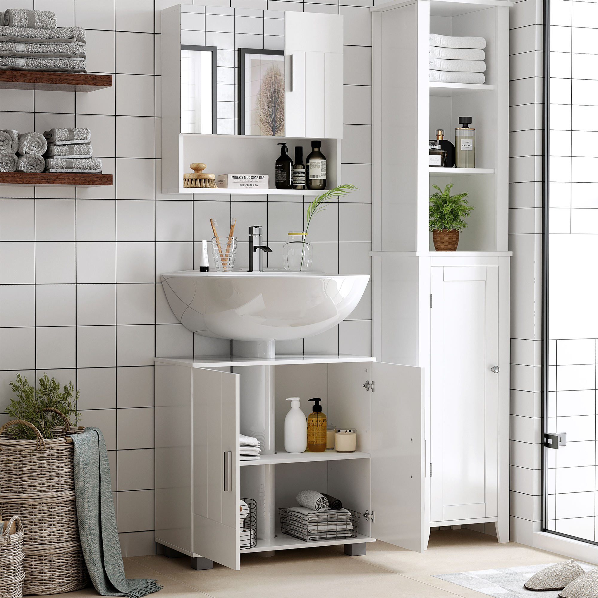 kleankin Wandspiegel-Badezimmerschrank mit Türen und verstellbarem Regal - Abmessungen 54L x 15,2B x 55,3H cm weiß