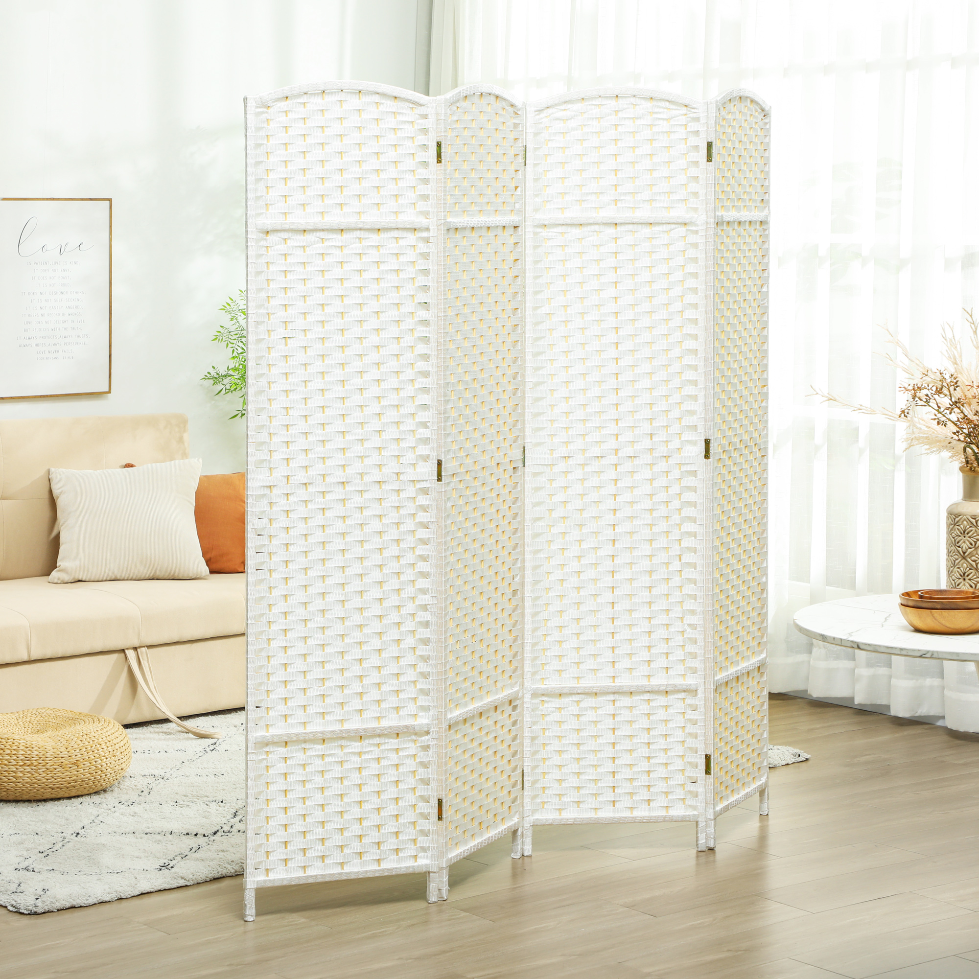 HOMCOM 4-teiliger Raumtrenner, Faltbarer Sichtschutz, Sichtschutzwand für Wohnzimmer, Schlafzimmer, Homeoffice, Weiß