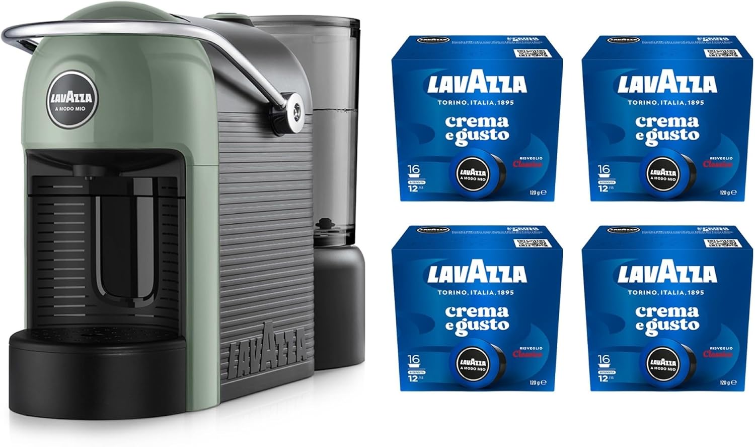 Lavazza, A Modo Mio Jolie Evo, Macchina per Caffè Realizzata con 36% di Plastica Riciclata, Macchina Espresso con 64 Capsule Lavazza, A Modo Mio Crema e Gusto Classico Incluse, Verde