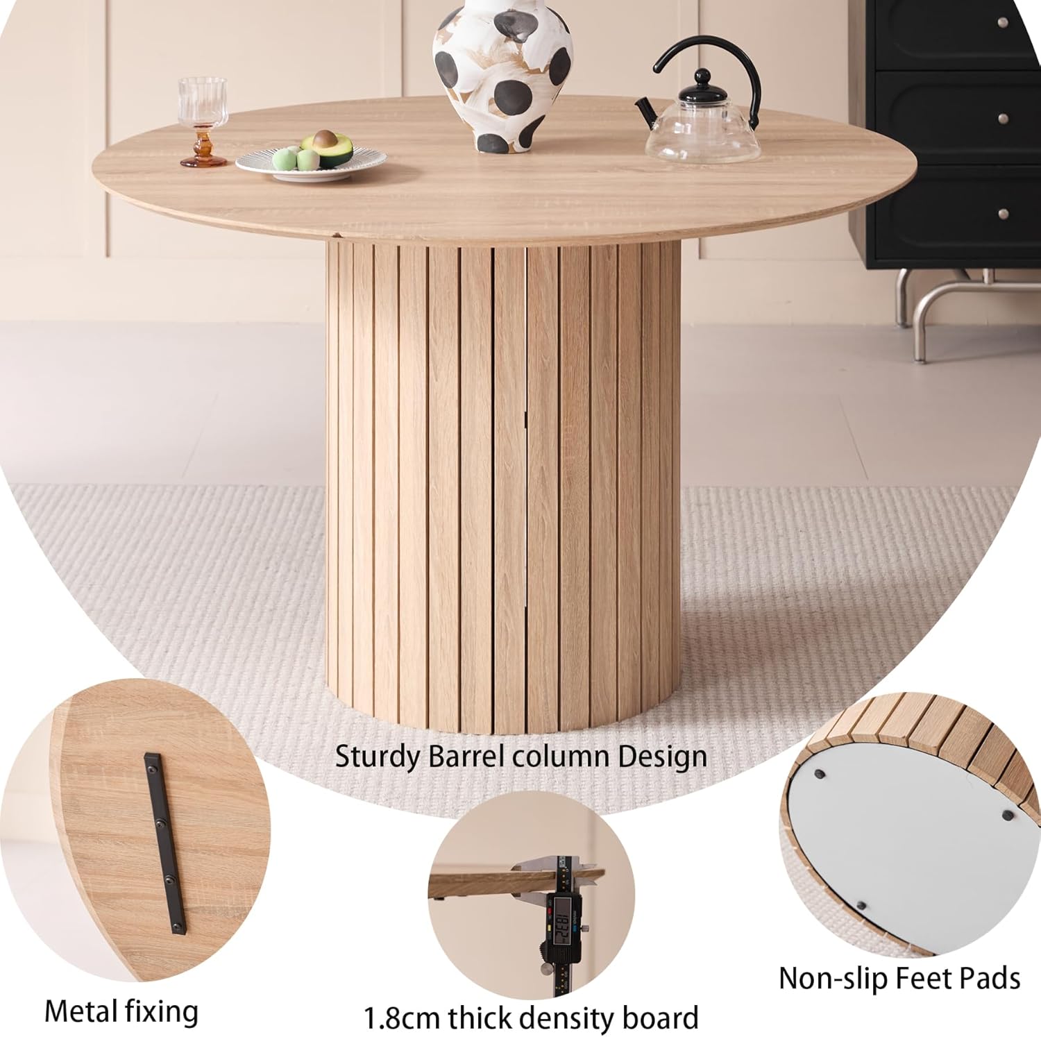 120 cm runder Esstisch mit 6 Esszimmerstühlen, runder Küchentisch mit Holzfuß, MDF-Platte, Küchenstühle mit Kunststofflehne, für 4–6 Personen, Hellbraun +Khaki