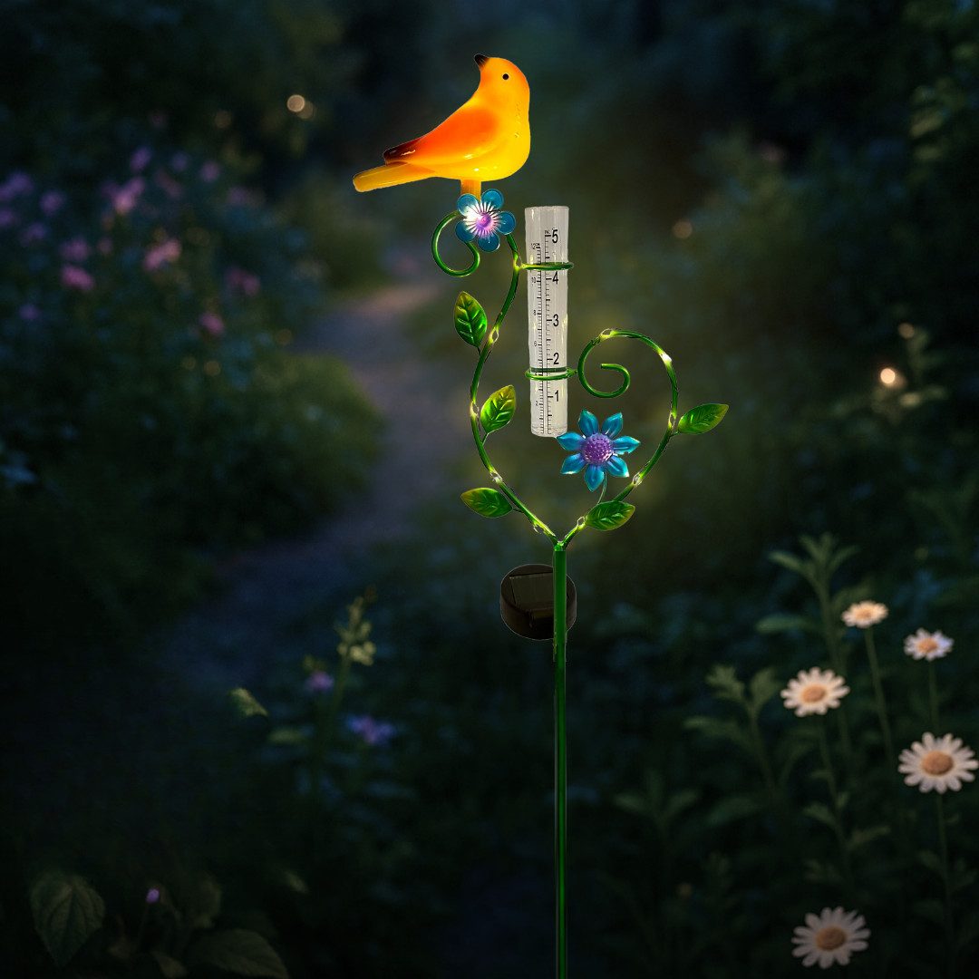 Regenmesser Gartenstecker Vogel, LEDs, Solarpanel, Lichtsensor, 80 cm H
