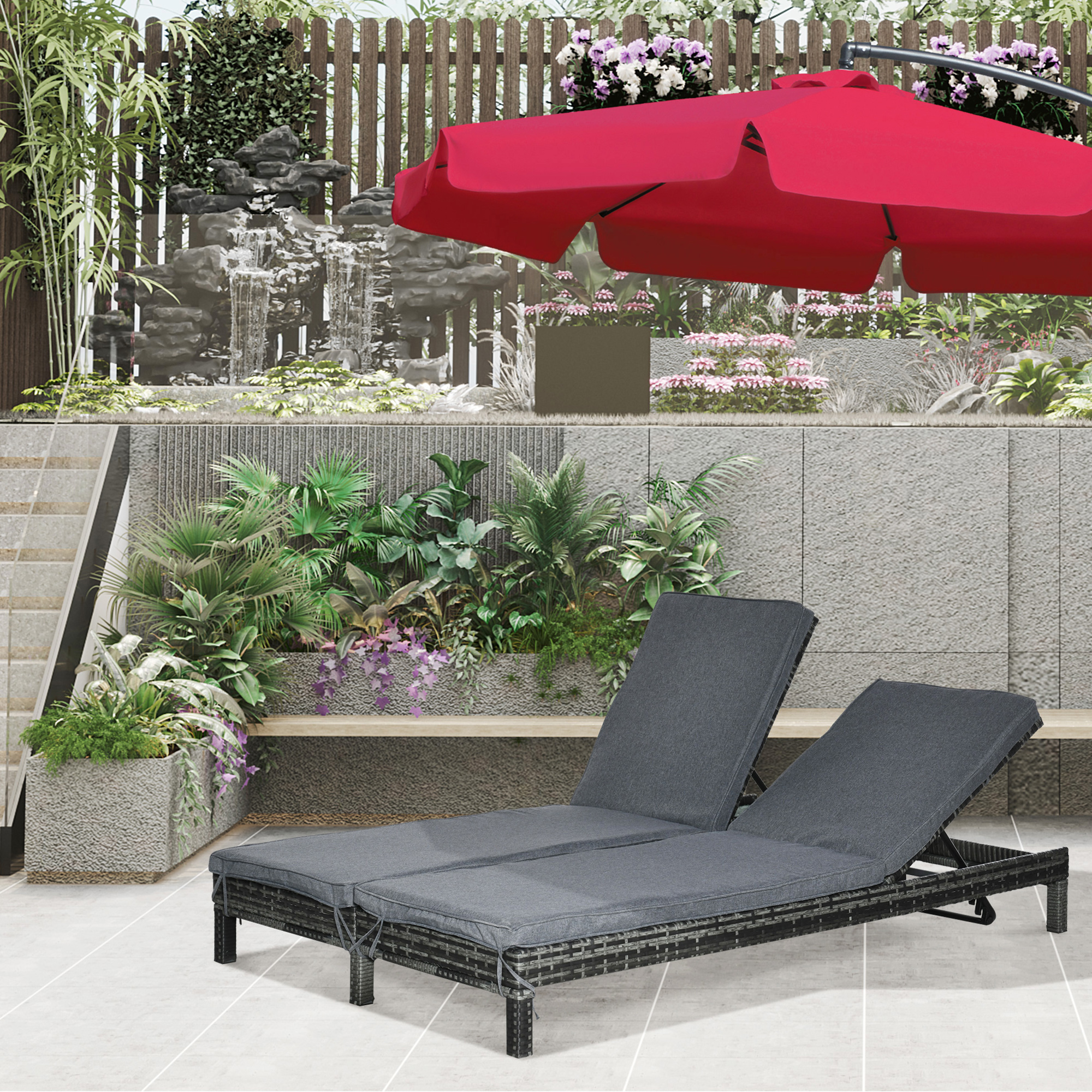 Outsunny Polyrattan Doppelliege Sonnenliege Gartenliege für 2 Personen Relaxliege Luxus Lounge 5-stufige Rückenlehne Metall PE Rattan Grau 196 x 120 x 28 cm