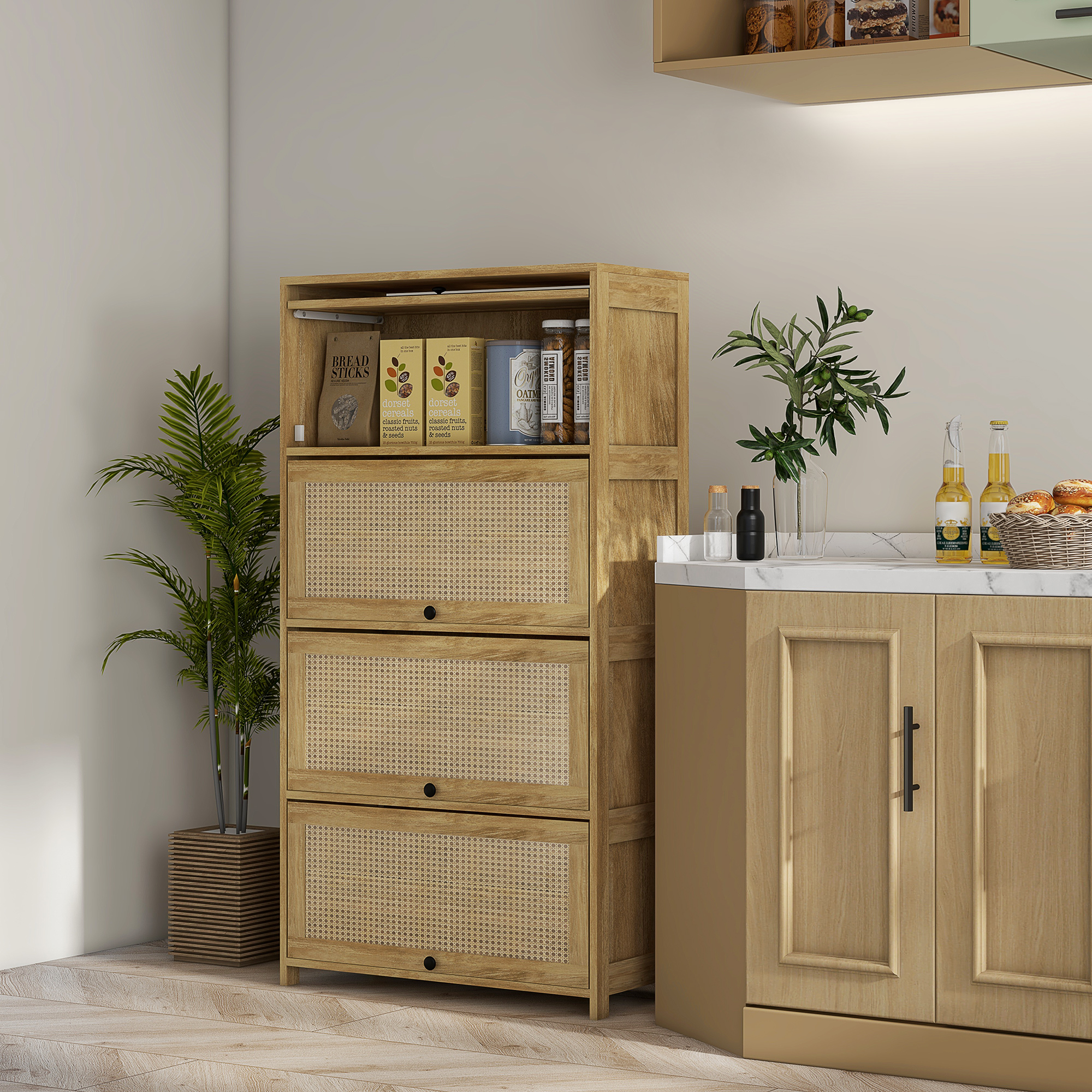 HOMCOM Küchenschrank im Boho-Stil mit 4 Klappentüren aus Spanplatten und Rattan, 70x32x132.8 cm