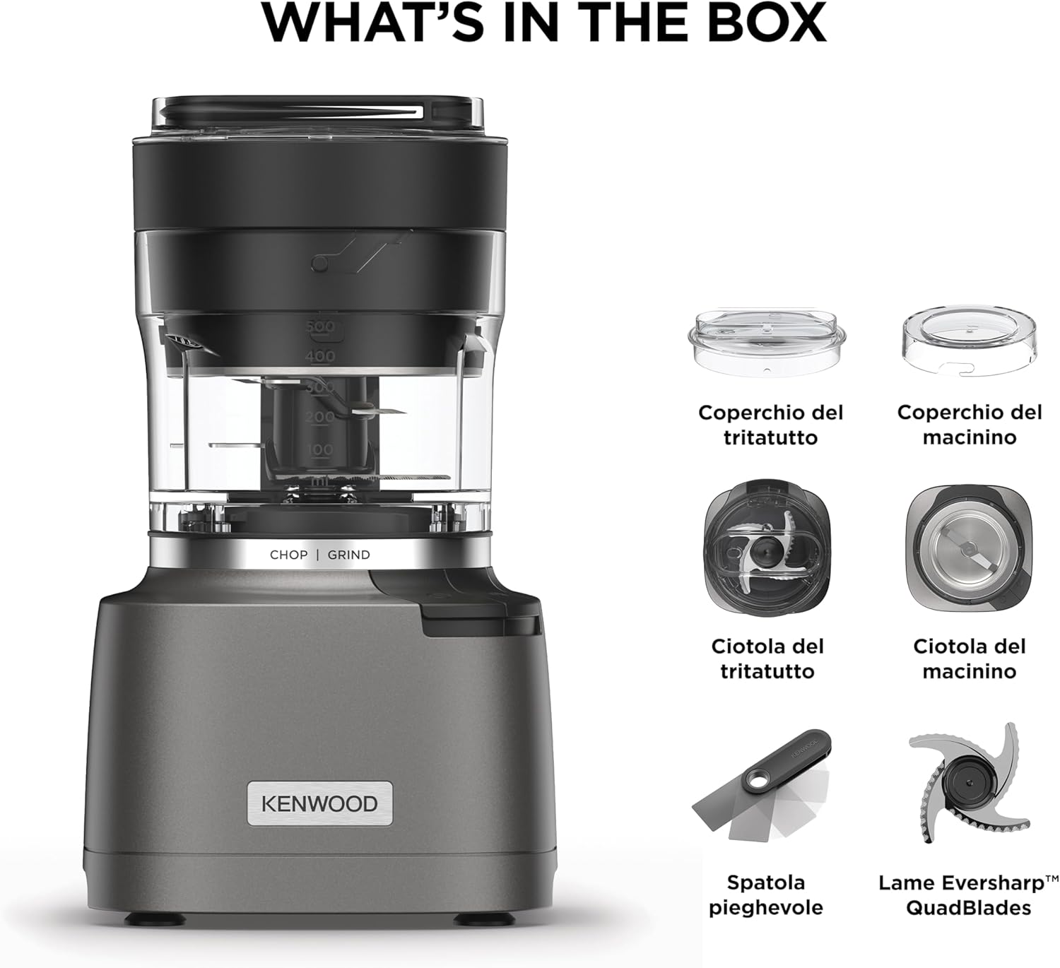 Kenwood Chopper CHP61.100WH, Potenza 500W, Ciotola da 0.5L, 2 velocità, Sistema a quattro lame, Anello antiscivolo per la stabilità del tritatutto, Lavabile in Lavastoviglie, Bianco/SIlver