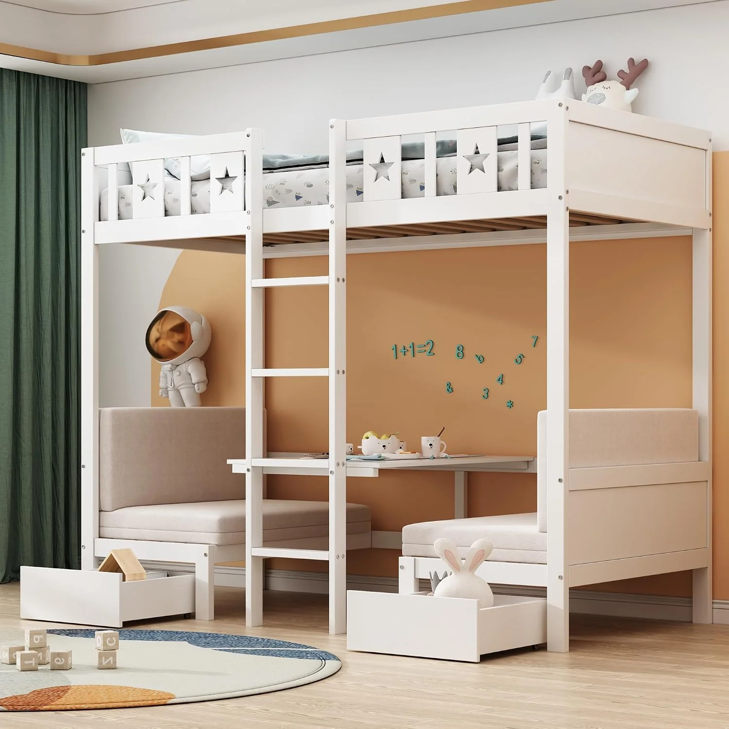 Jovify Bett, 90x200 cm, Weiß/Beige, Platzsparendes Etagen für Kinder, Hoch mit Flexibler Tisch und Holzsofa, Kinder mit Treppe und 2 Schubladen