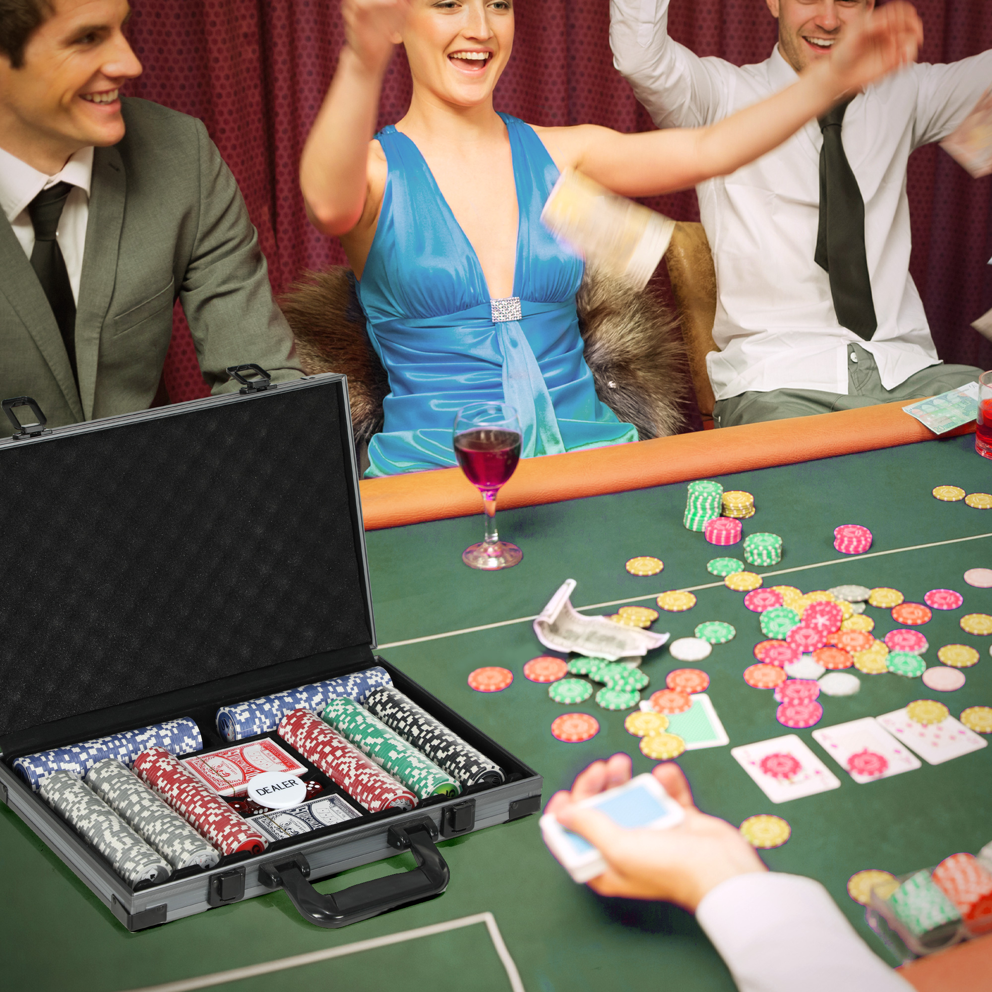 SPORTNOW Poker-Set, Pokerkoffer, 400 Chips, 2 Kartendecks, 5 Würfel, Dealer-Scheibe, Unterlage