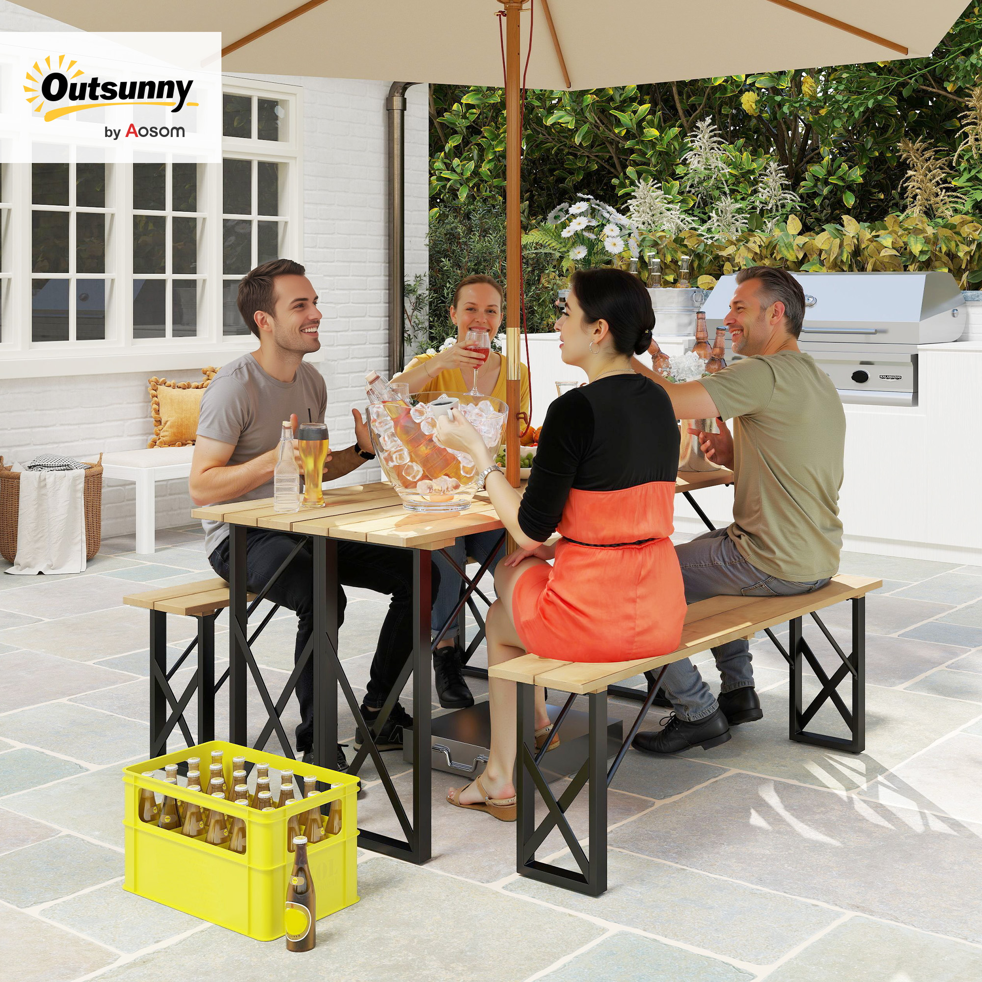 Outsunny Holztisch und Bänke Set Holzpicknicktisch mit Bänken für 6 bis 8, 160 cm Sonnenschirmloch von 5 cm braun