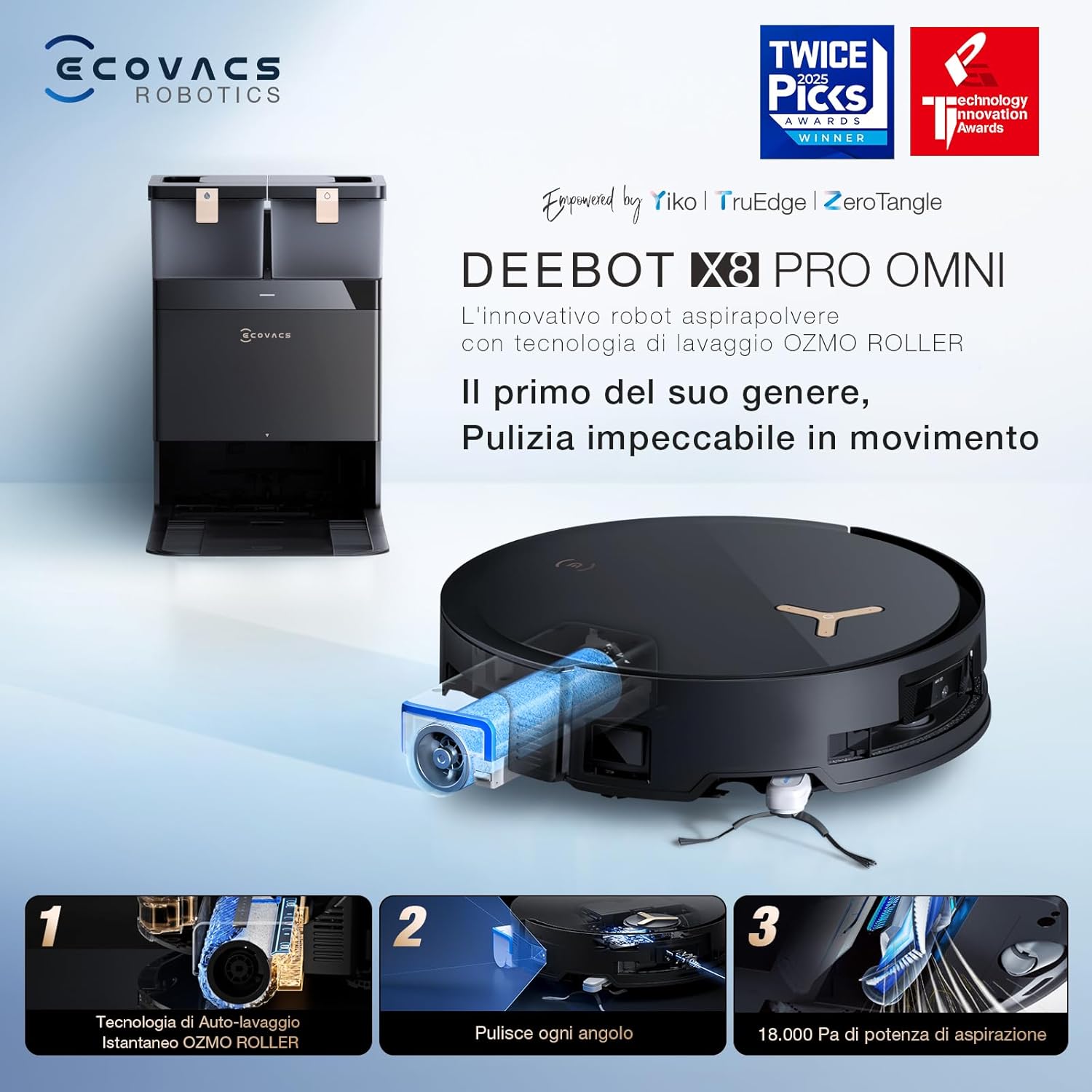 ECOVACS DEEBOT X8 PRO OMNI Robot Aspirapolvere Lavapavimenti, 18000Pa, Tecnologia di Lavaggio Automatico Istantaneo OZMO ROLLER, Pulizia con acqua calda 40-75°C, Soluzione Detergente Automatica, Nero