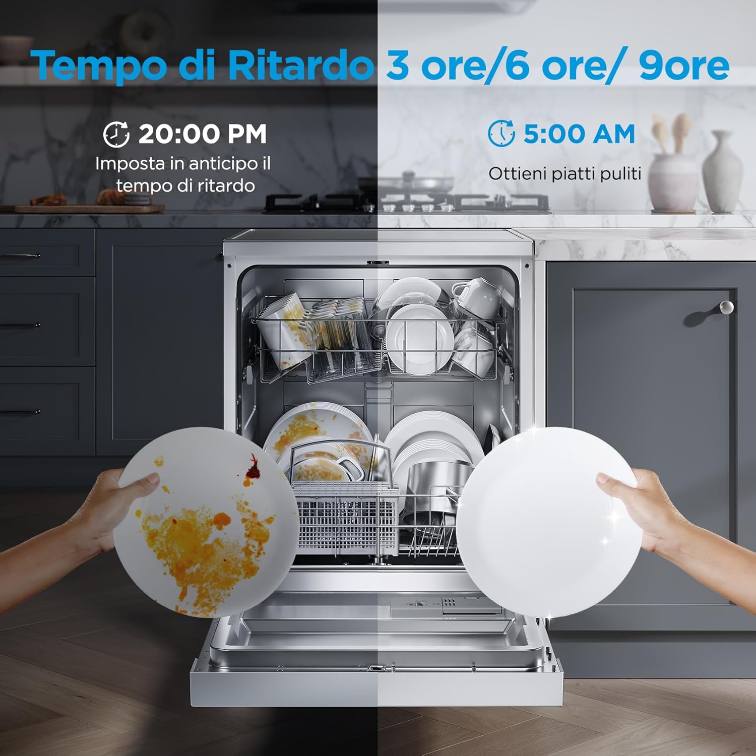 Midea MFD60S200X.1-IT Dishwasher Freestanding with 14 Places, 8 Programs, LED Display, Delay Start, Half Load Function, Extra Drying - Stainless Steel