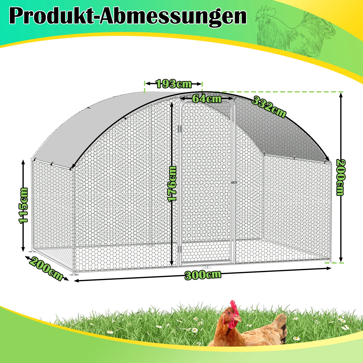 Sonnewelt Hühnerstall Freilaufgehege Kuppeldach Verzinktem Stahl 3x2x2m