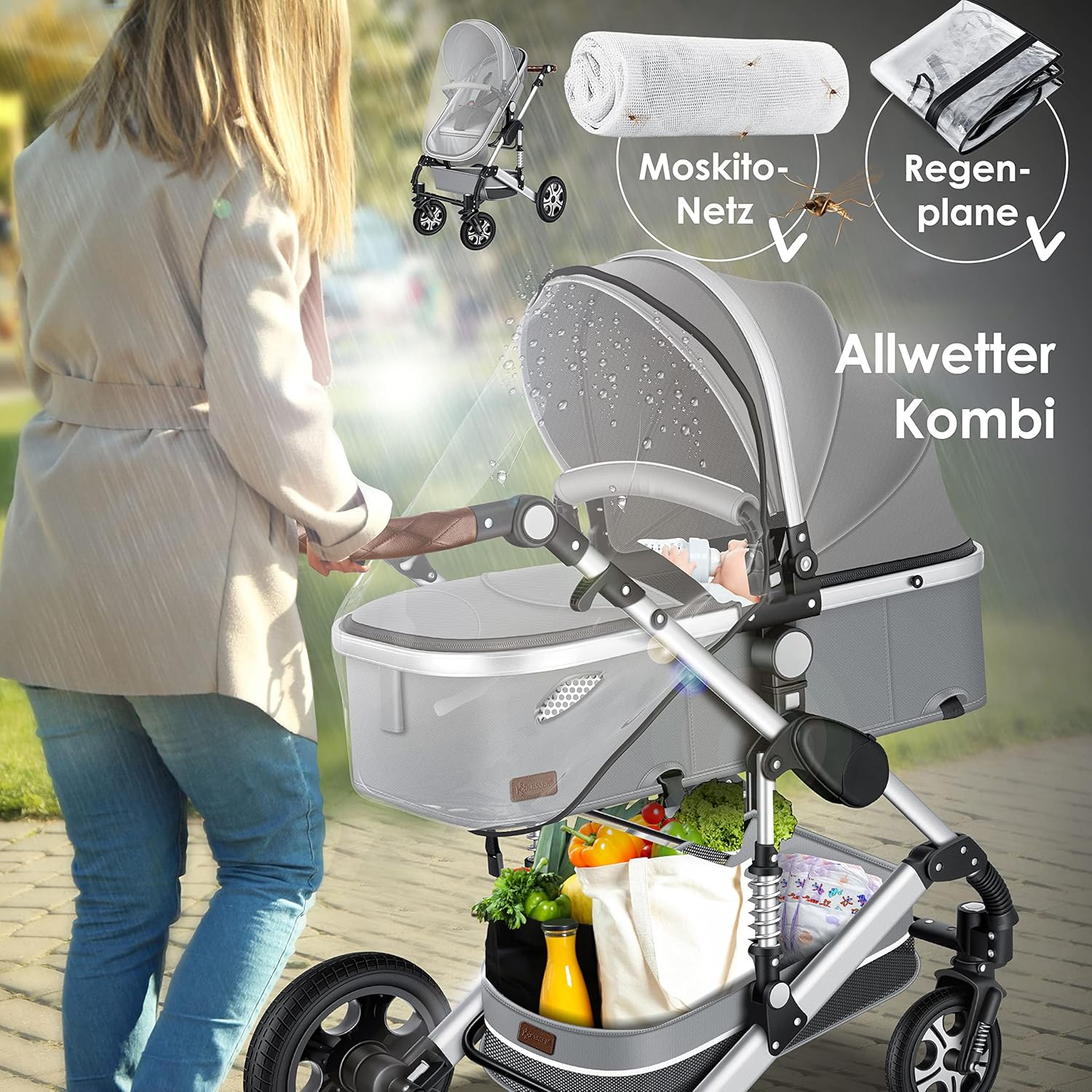 KESSER® Loops 3 in 1 Kinderwagen Kombikinderwagen Komplett-Set inkl. Babywanne & Buggy Sportsitz & Auto-Babyschale Voll-Gummireifen Wickeltasche Regenschutz Kindertisch ECE R129, Schwarz/Schwarz