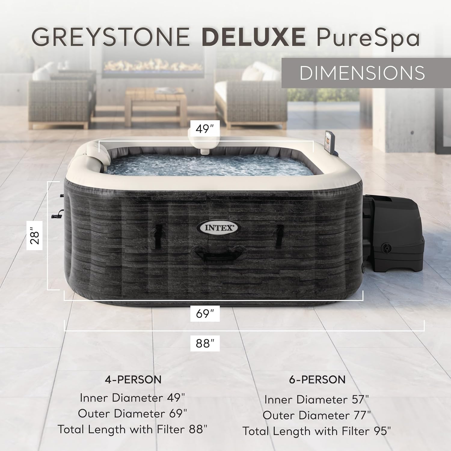 INTEX PureSpa Greystone Deluxe Inflatable Hot Tub  with with Built-in FastFill Inflation System  Spa Control App  and 4 Person Capacity  83