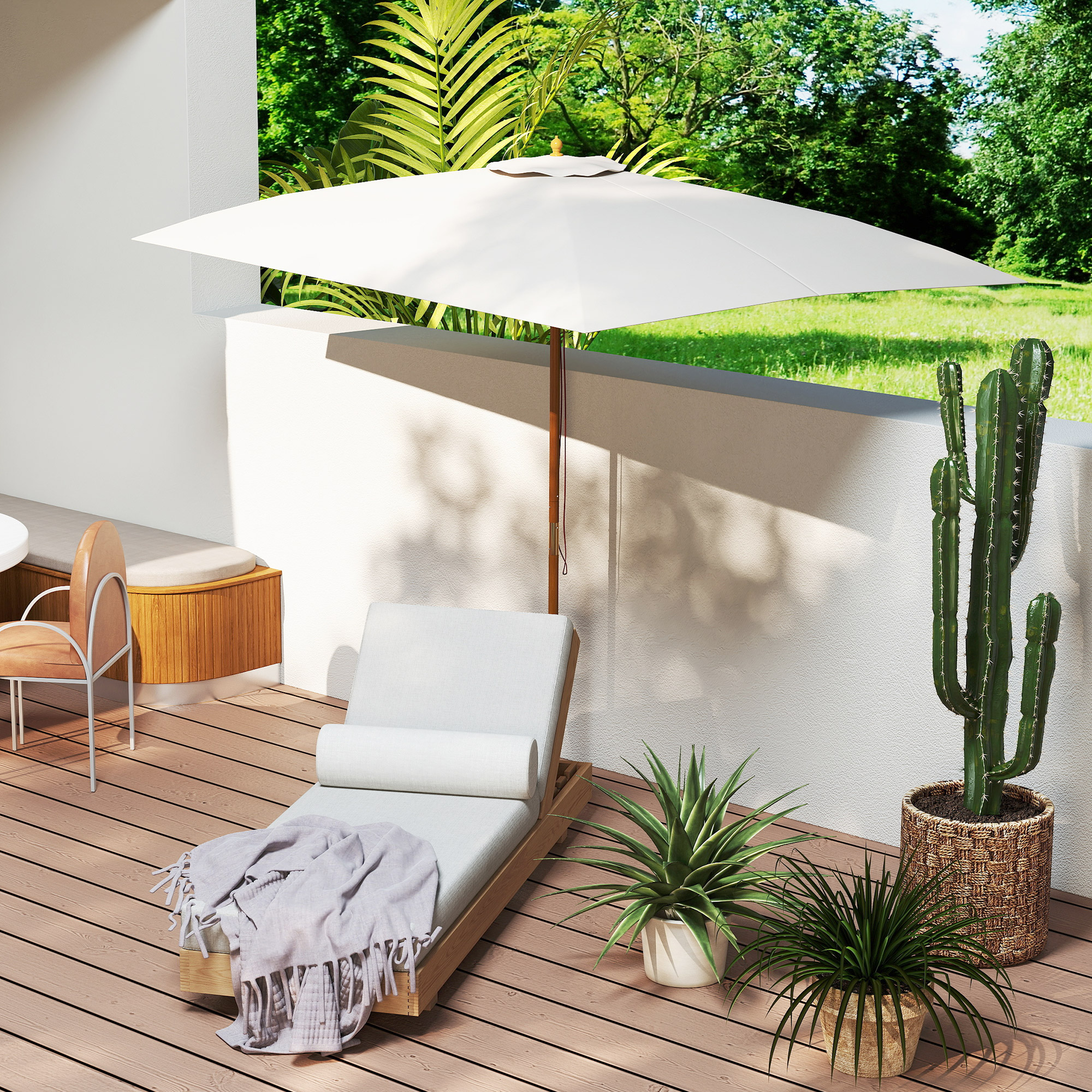 Outsunny Sonnenschirm rechteckiger Garten-Sonnenschirm mit Doppeldach aus Holz und hochdichtem Polyester 3 x 2 m Creme