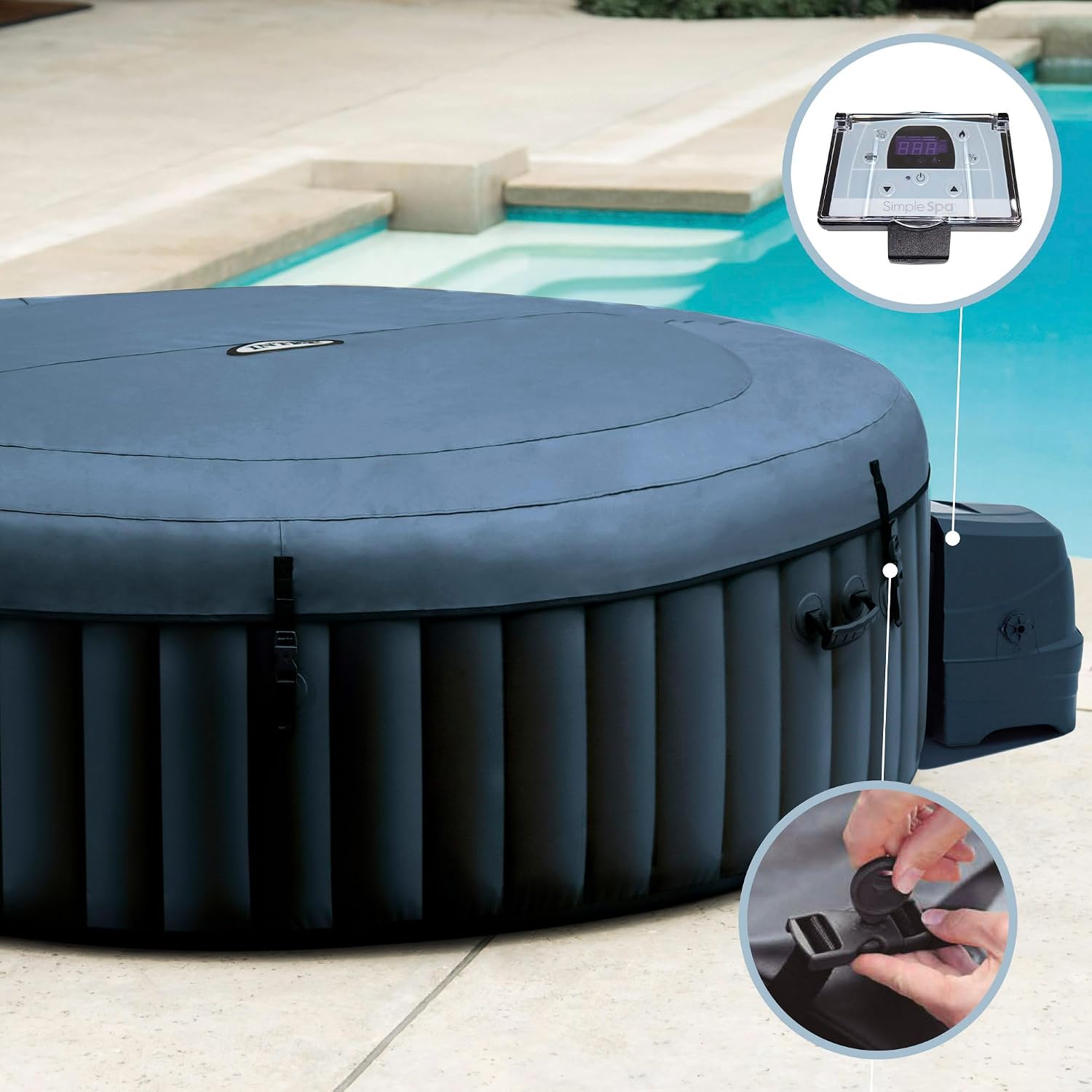 Intex 28430EX - Whirlpool aufblasbar PureSpa Bubble Massage, 4 Personen, 140 Düsen, Heizung, PVC, Navyblau, ⌀ 196x71 cm