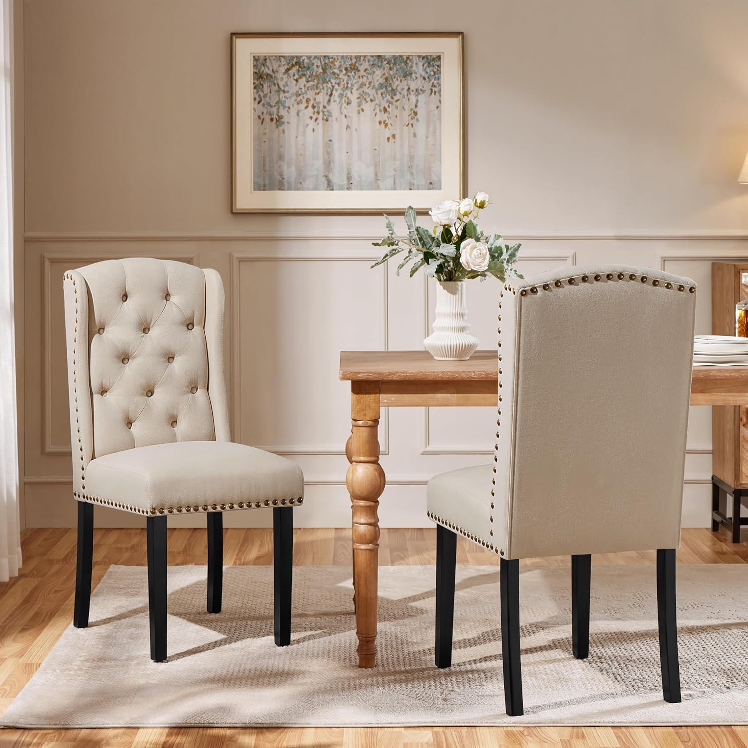Yaheetech Set 6 Sedie Sala da Pranzo Tessuto Imbottite Eleganti Gambe in Legno Massello Schienale Alto con Bottoni Portata 140 KG Beige