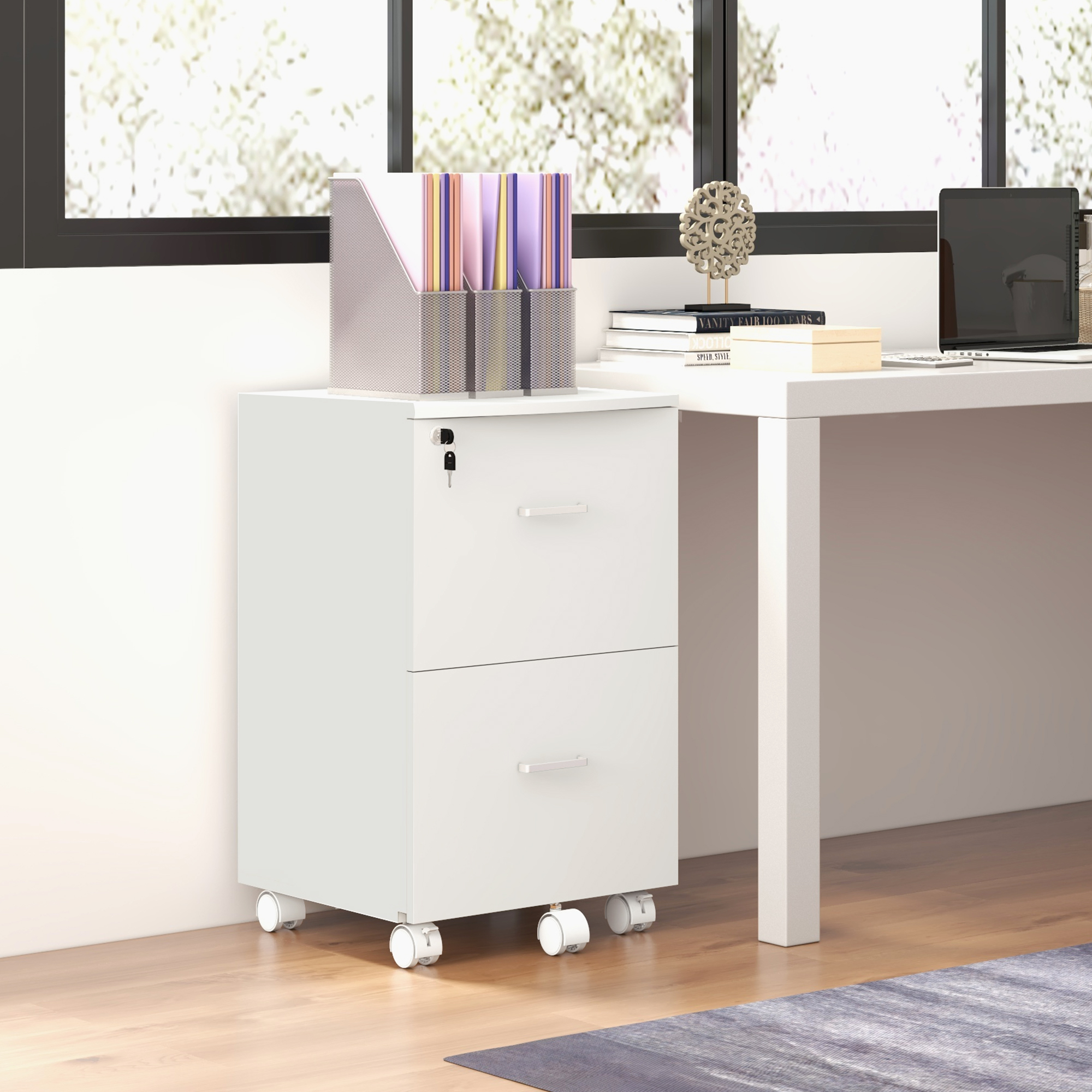 Vinsetto Schreibtischcontainer Aufbewahrung auf Rollen Aktenschrank Büromöbel 2 abschließbare Schubladen aus MDF Spanplatten Maße 43L x 45B x 72H cm weiß