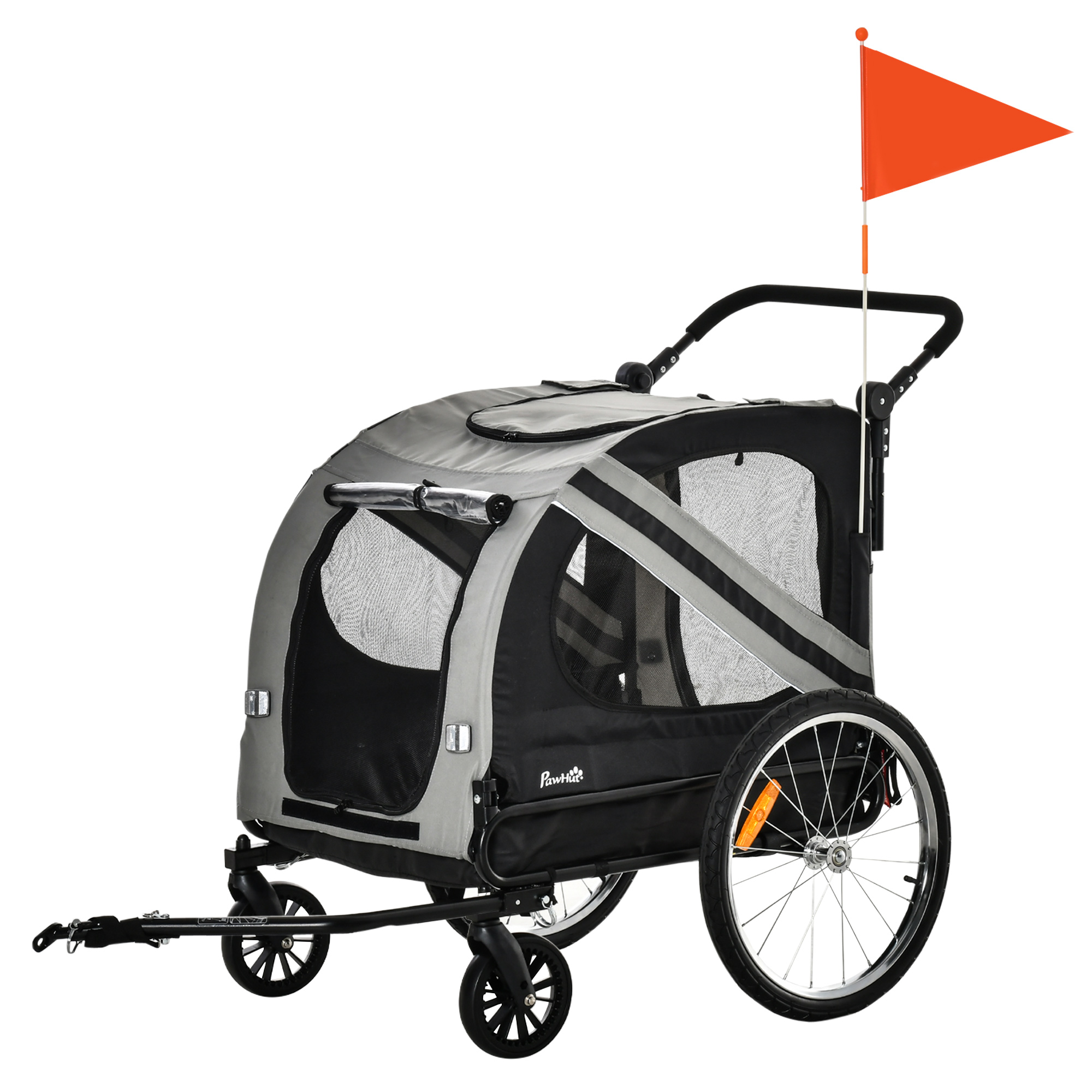 PawHut 2-in-1 Hundeanhänger Hundewagen Fahrradanhänger bis 20kg wasserfest Sicherheitsleine Reflektoren 140 cm x 72, 5 cm x 108 cm Grau