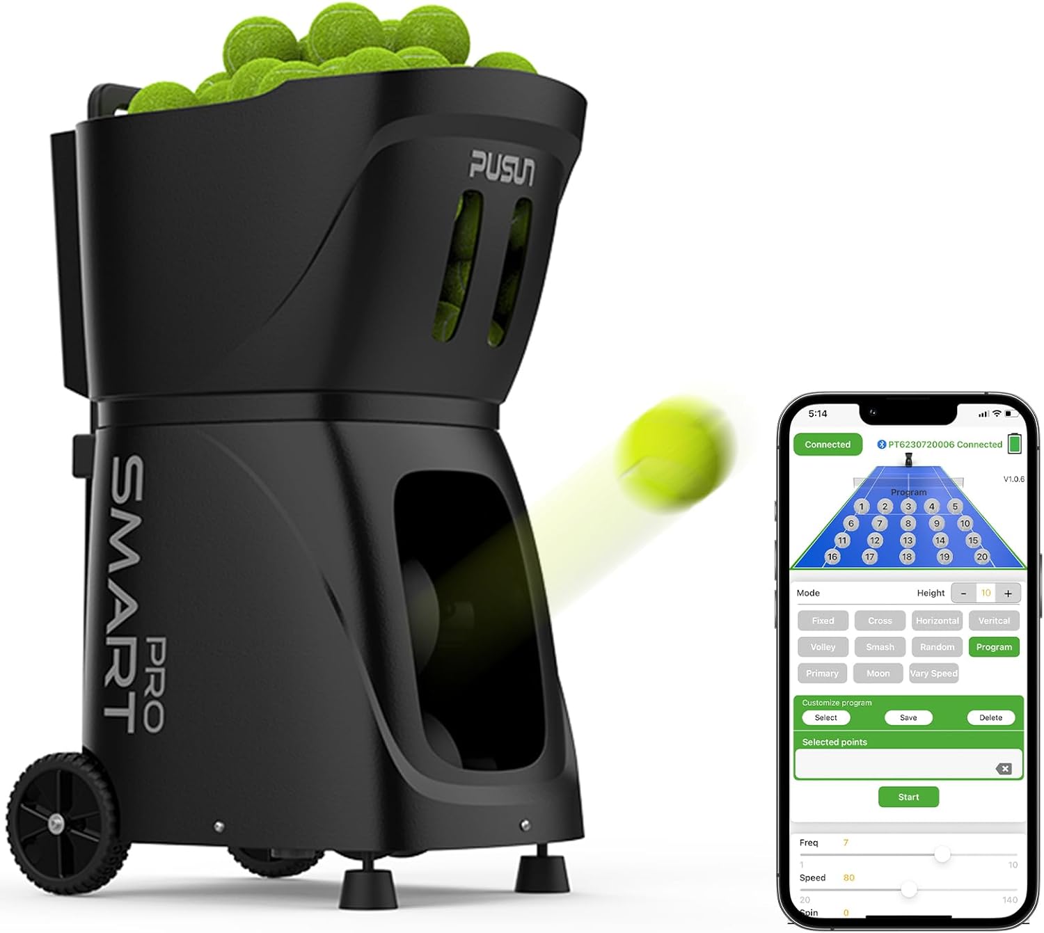 PT-Smart Pro Tennis- und Ballmaschine mit Fernbedienung, automatischer Anlasser, 12-75 km/h, Trainingsgerät mit Schleuder, Trainingsmaschine, über 100 Bälle (schwarz)