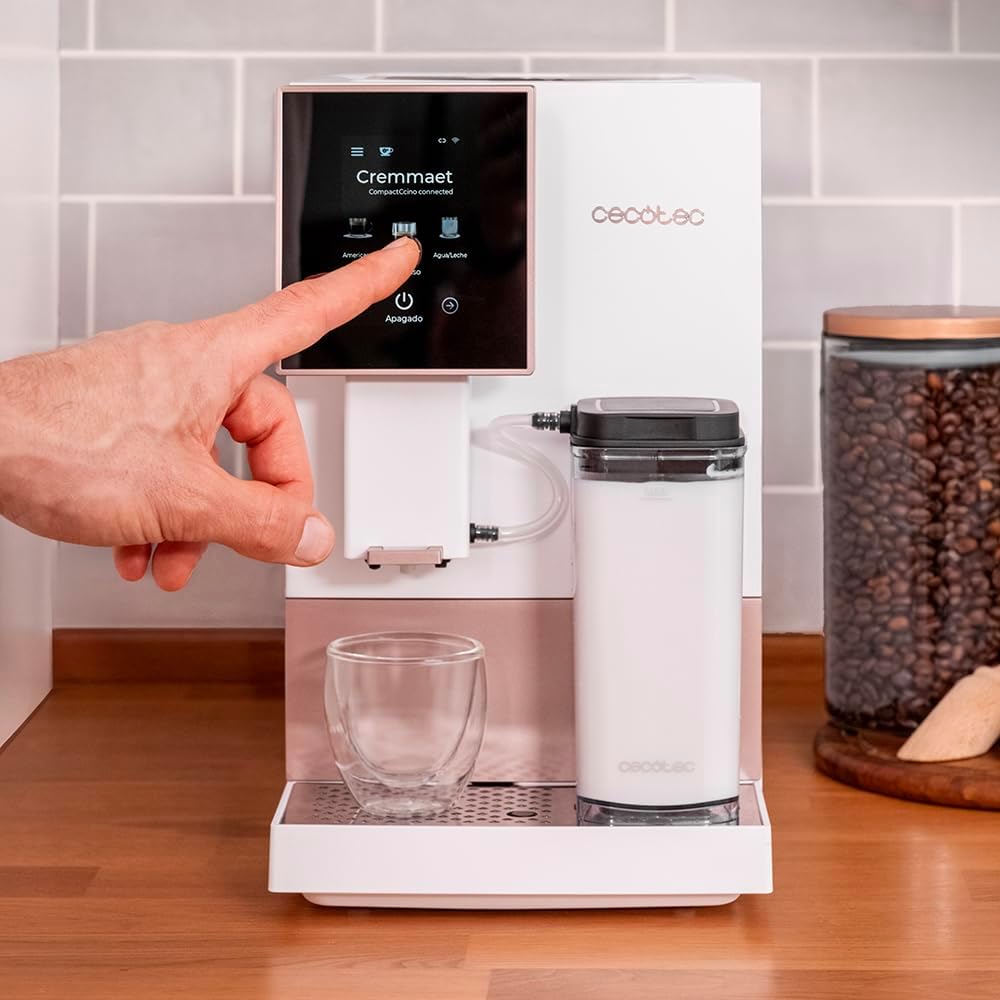 Cecotec Kompakte Superautomatische Kaffeemaschine mit Wifi Cremmaet Compactccino Connected Black Rose. 1350W, 19 Bar, TFT-Bildschirm und APP, Mahlwerk, Milchtank 400 ml und 1 Liter Wasser