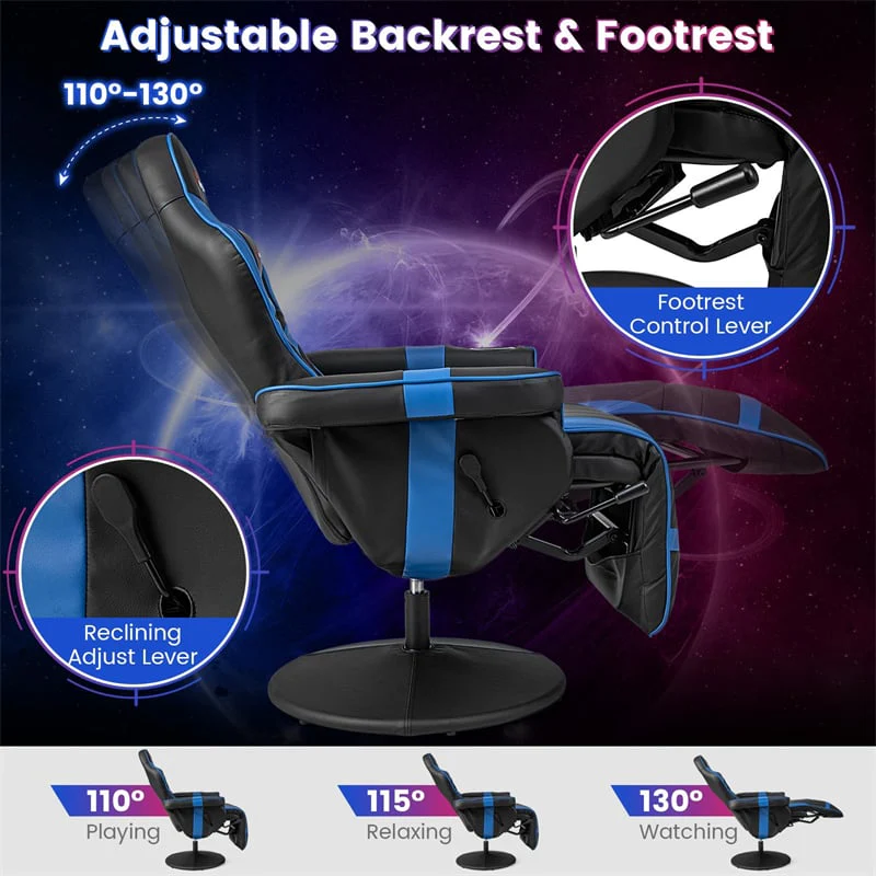 Ergonomic Gaming Recliner Chair with Massage, Retractable Footrest & Cup Holder, Height Adjustable Racing Style Swivel Video Game Chair