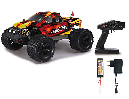 Jamara 059737   Nightstorm Monstertruck BL 4WD 1:10 Lipo 2,4GHz con LED – Multigiocatore, Brushless, Trazione Integrale, Resistente agli Schizzi d´Acqua, Telaio Rinforzato in Alluminio, Wheelybar : Giochi e giocattoli