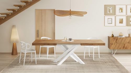 Mobili Fiver Emma 140 Tavolo da Pranzo Allungabile – Piano in Rovere Rustico con Gambe Bianche Incrociate, Laminato/Ferro, Made in Italy