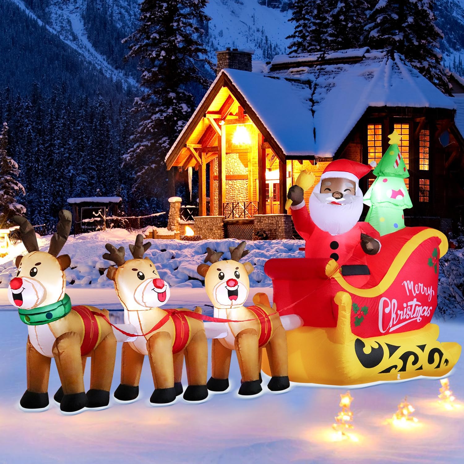 DomKom 12FT Christmas Inflatable Black Santa on Sleigh with Reindeer, LED Lit Outdoor Yard Decoration
