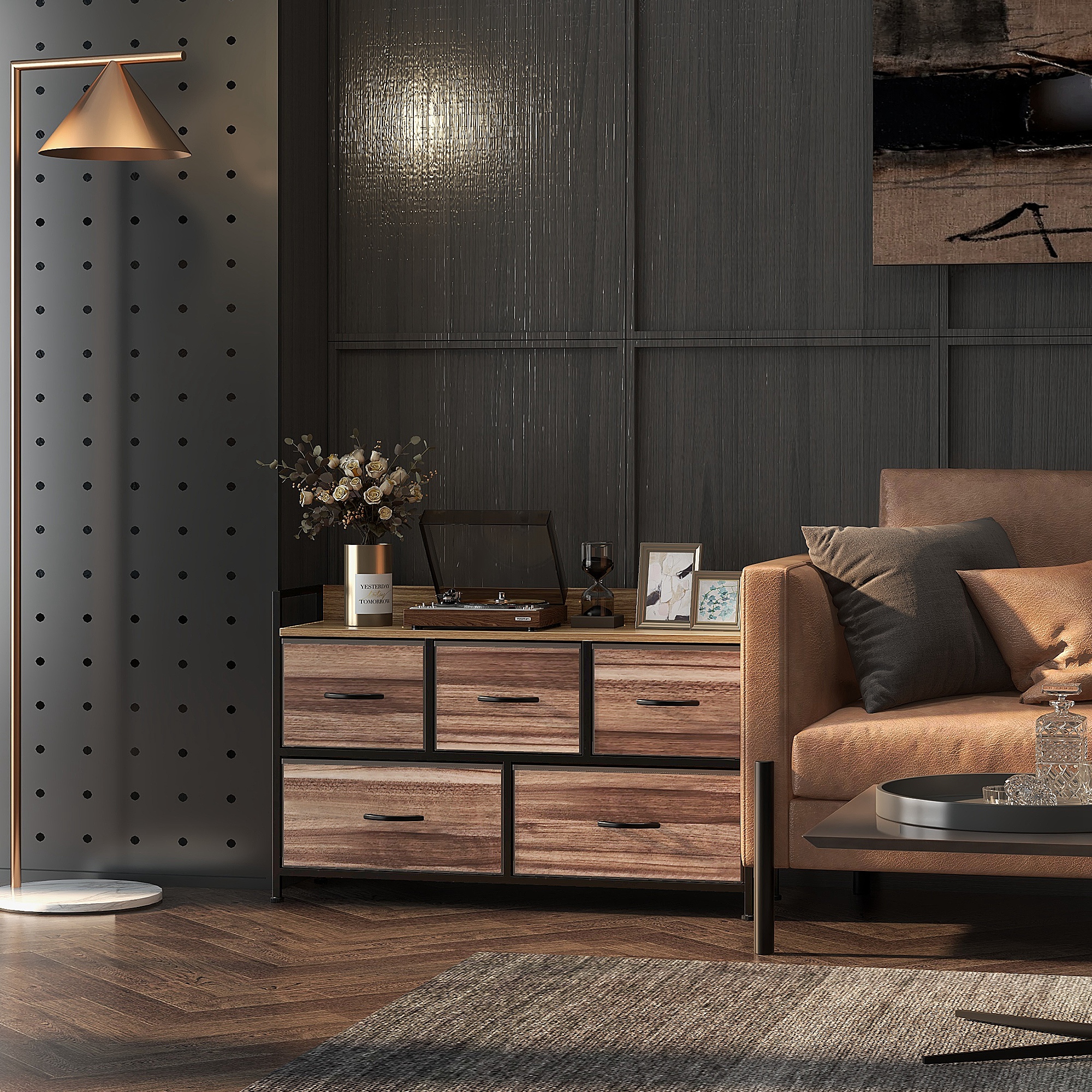 HOMCOM Kommode Aufbewahrungsmöbel 5 Schubladen aus Stoff 98 x 29 x 63 cm in schwarzer Stahlstruktur