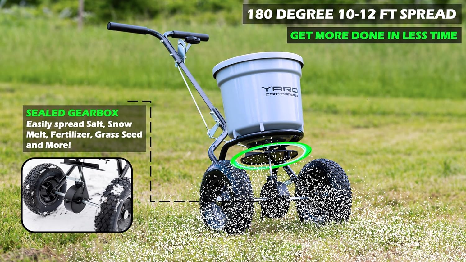 Yard Commander - Commercial 50 LB Walk-Behind Push Broadcast Spreader - 10-12 Foot Spread - Fertilizer  Ice Melt & Grass Seed - Clog Free Design - Fully Enclosed Gear Box - Adjustable Drop Rate
