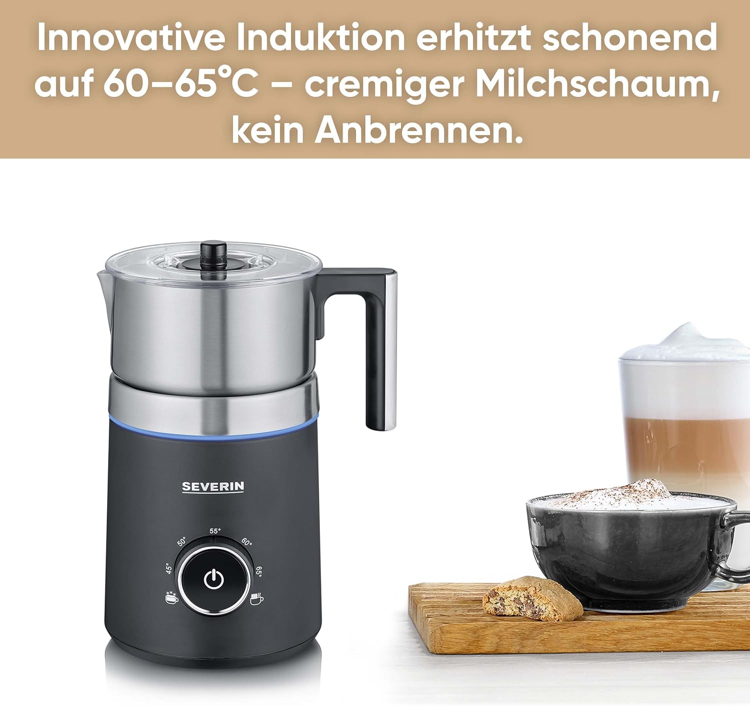 SEVERIN SPUMA 700 Induktions-Milchaufschäumer, elektrischer Milchaufschäumer ohne Anbrennen, spülmaschinengeeigneter Milchschäumer, Edelstahl-gebürstet/schwarz-matt, SM 3586