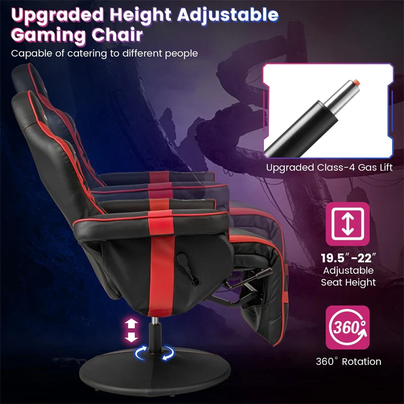 Ergonomic Gaming Recliner Chair with Massage, Retractable Footrest & Cup Holder, Height Adjustable Racing Style Swivel Video Game Chair